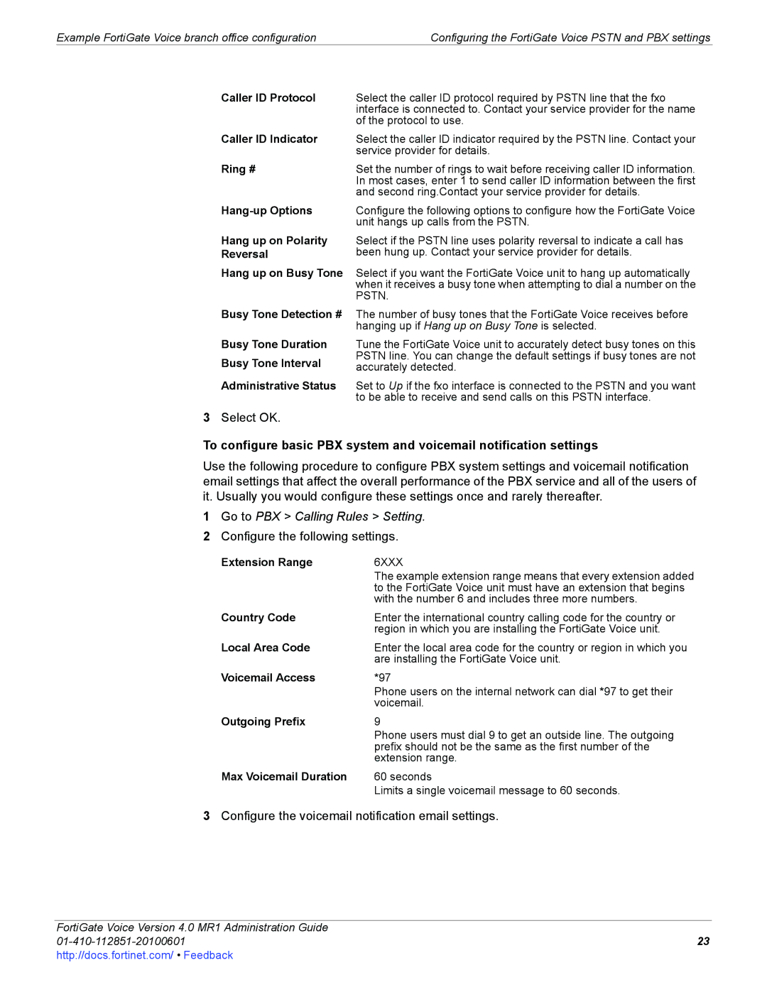 Fortinet 4.0 MR1 manual Go to PBX Calling Rules Setting, Caller ID Protocol, Caller ID Indicator, Ring #, Hang-up Options 