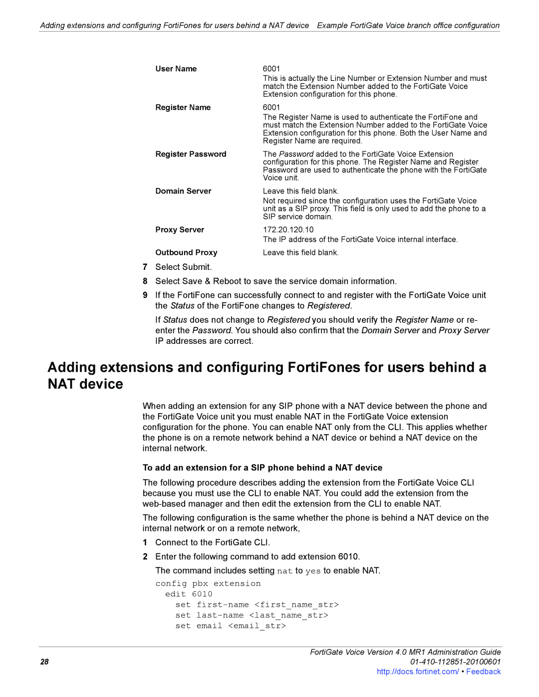 Fortinet 4.0 MR1 manual To add an extension for a SIP phone behind a NAT device 