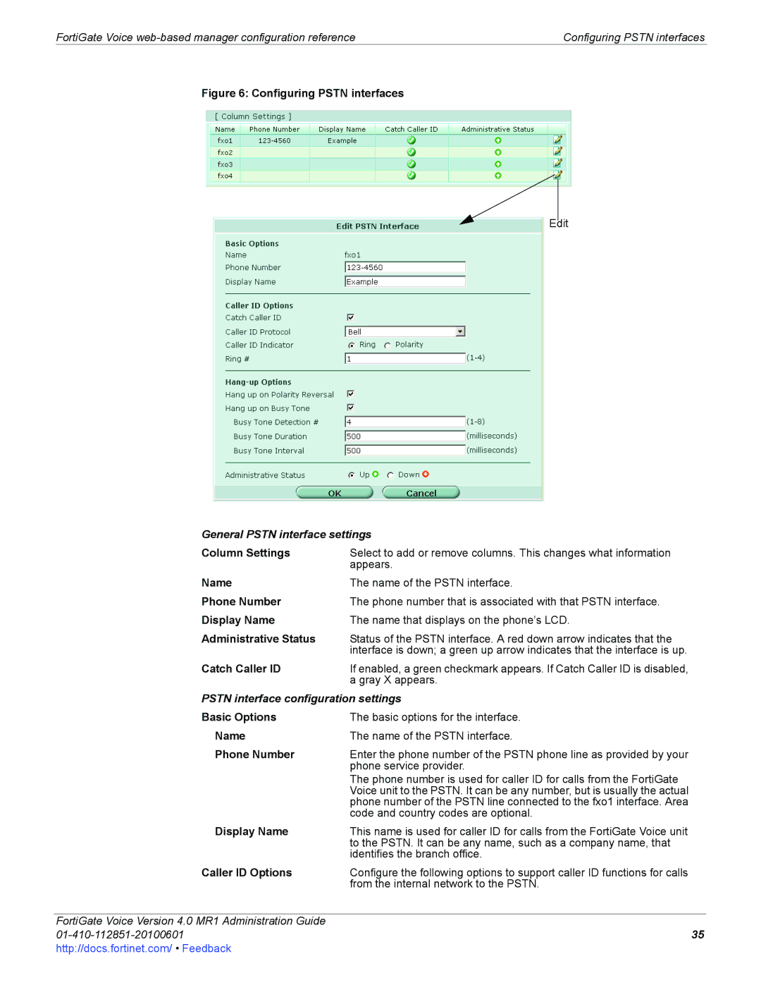 Fortinet 4.0 MR1 manual General Pstn interface settings, Pstn interface configuration settings, Basic Options 