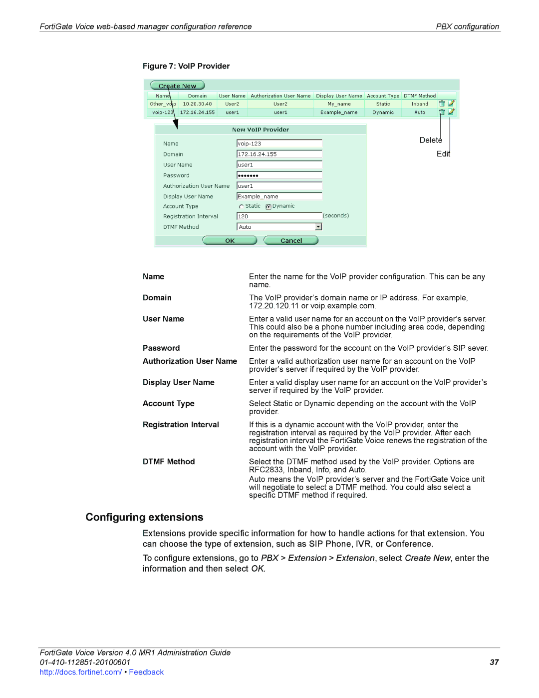 Fortinet 4.0 MR1 manual Configuring extensions, VoIP Provider 