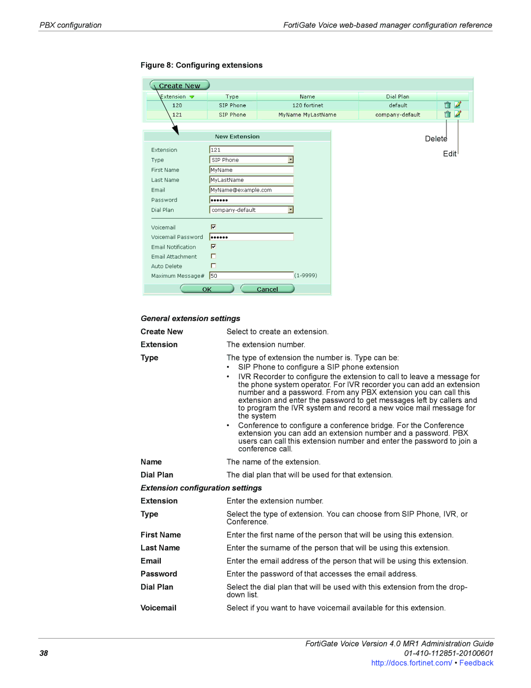 Fortinet 4.0 MR1 manual General extension settings, Create New, Dial Plan, Extension configuration settings, Voicemail 