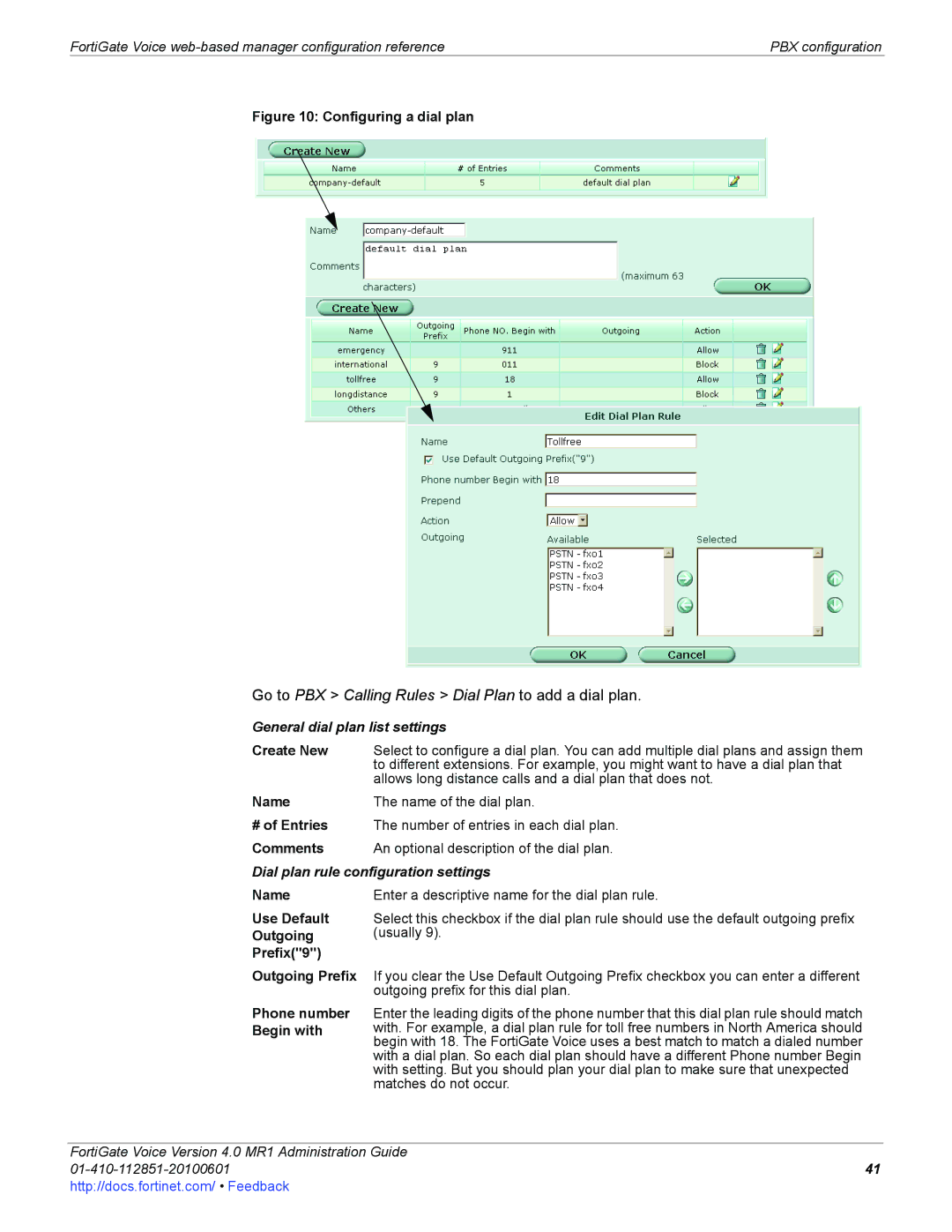 Fortinet 4.0 MR1 manual Go to PBX Calling Rules Dial Plan to add a dial plan, General dial plan list settings 