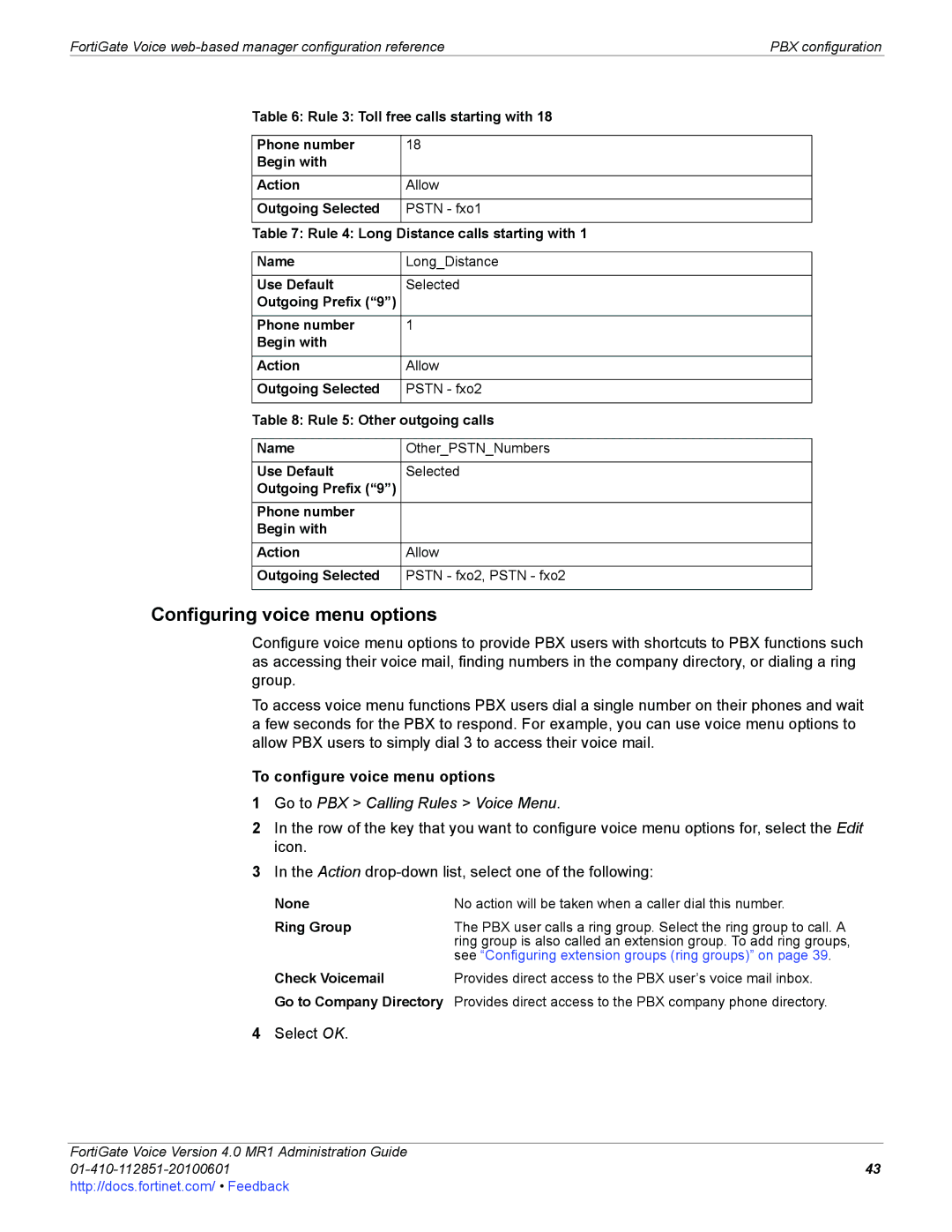 Fortinet 4.0 MR1 manual Configuring voice menu options, To configure voice menu options 