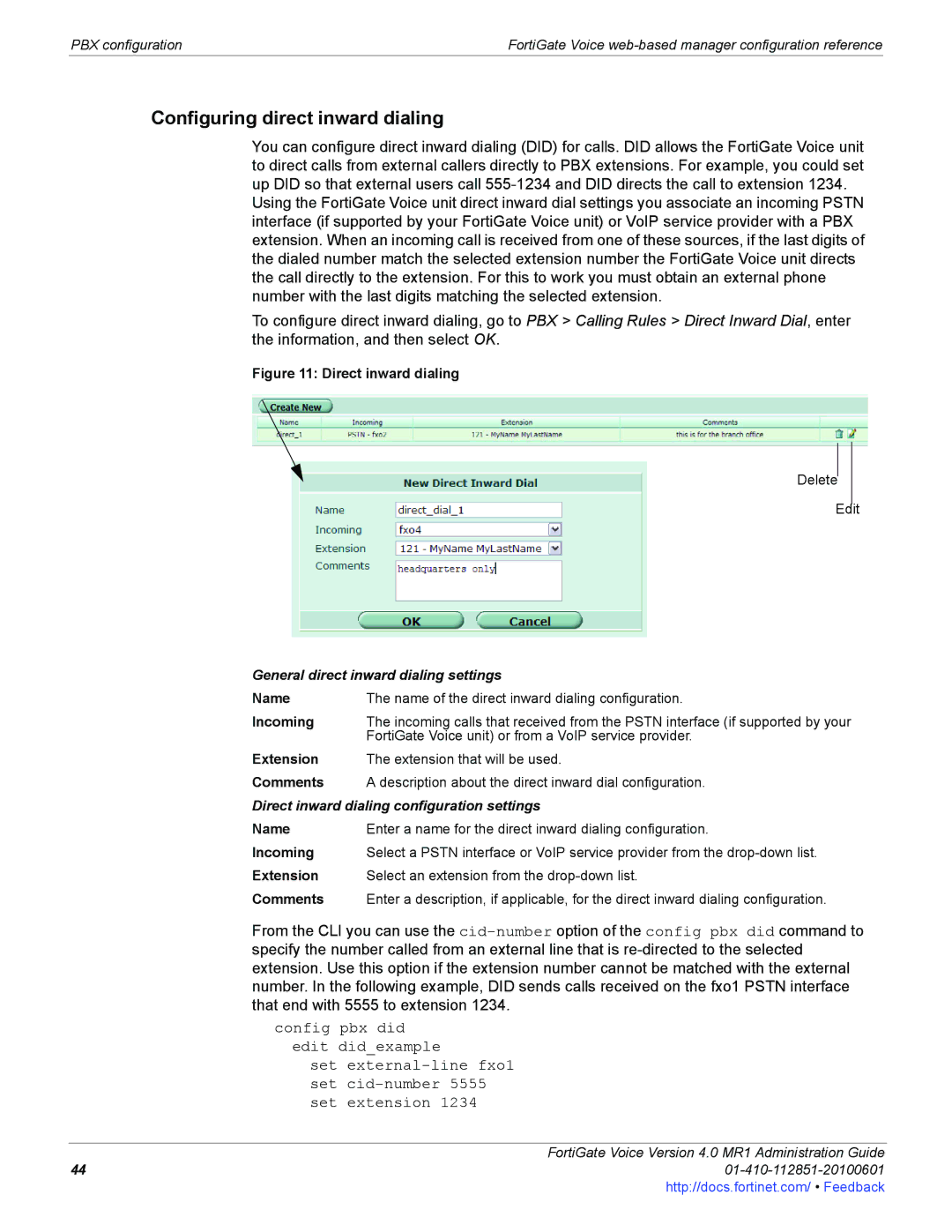 Fortinet 4.0 MR1 manual Configuring direct inward dialing, General direct inward dialing settings 