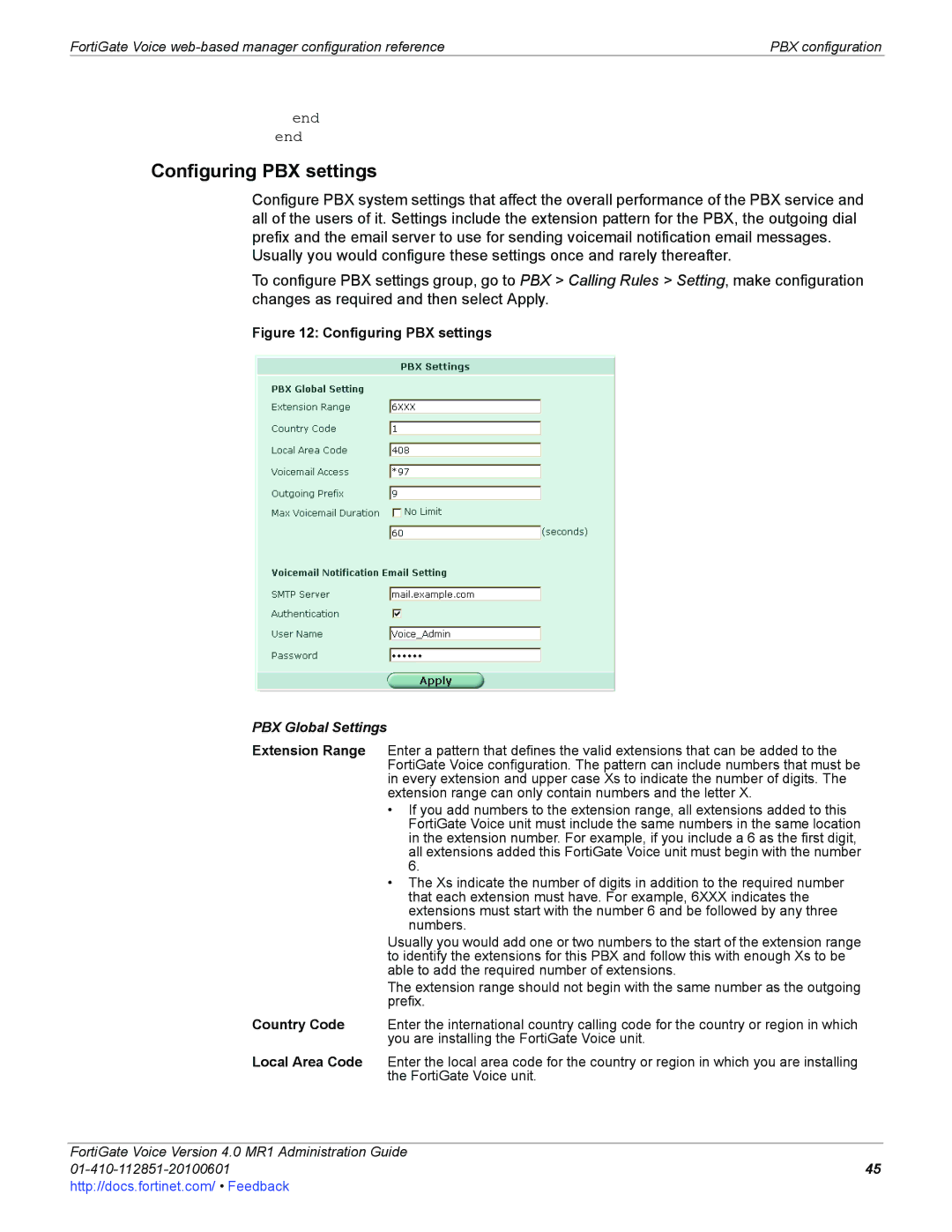 Fortinet 4.0 MR1 manual Configuring PBX settings, PBX Global Settings 