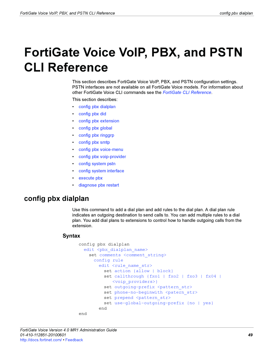 Fortinet 4.0 MR1 manual Config pbx dialplan, Syntax 