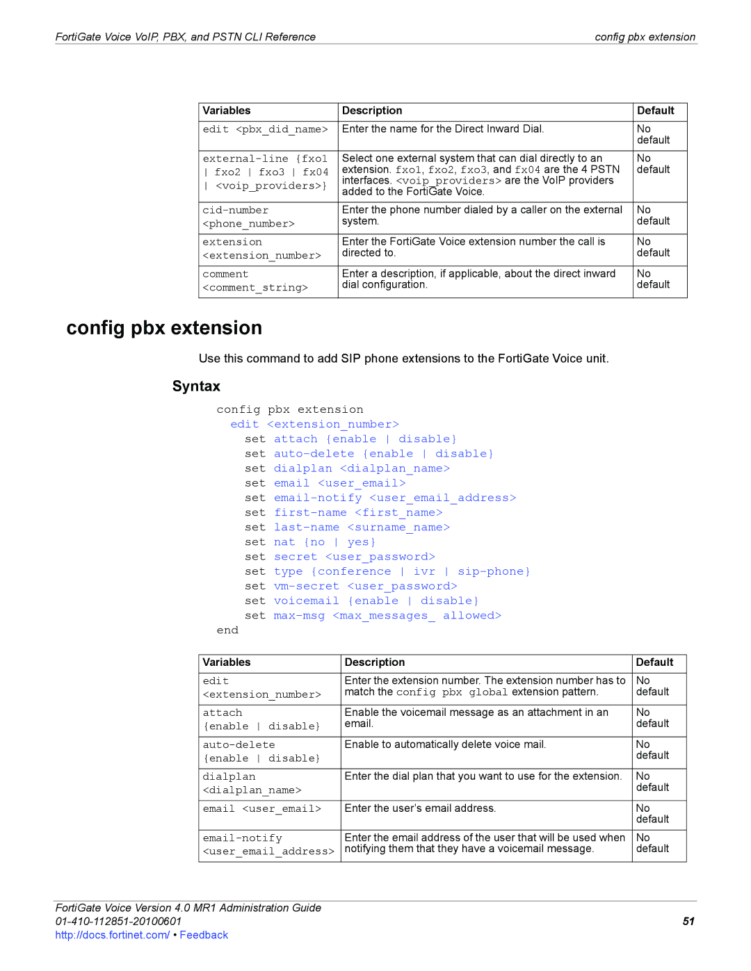 Fortinet 4.0 MR1 manual Config pbx extension 