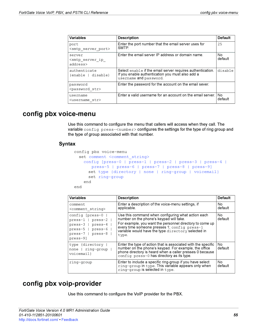 Fortinet 4.0 MR1 manual Config pbx voice-menu, Config pbx voip-provider 