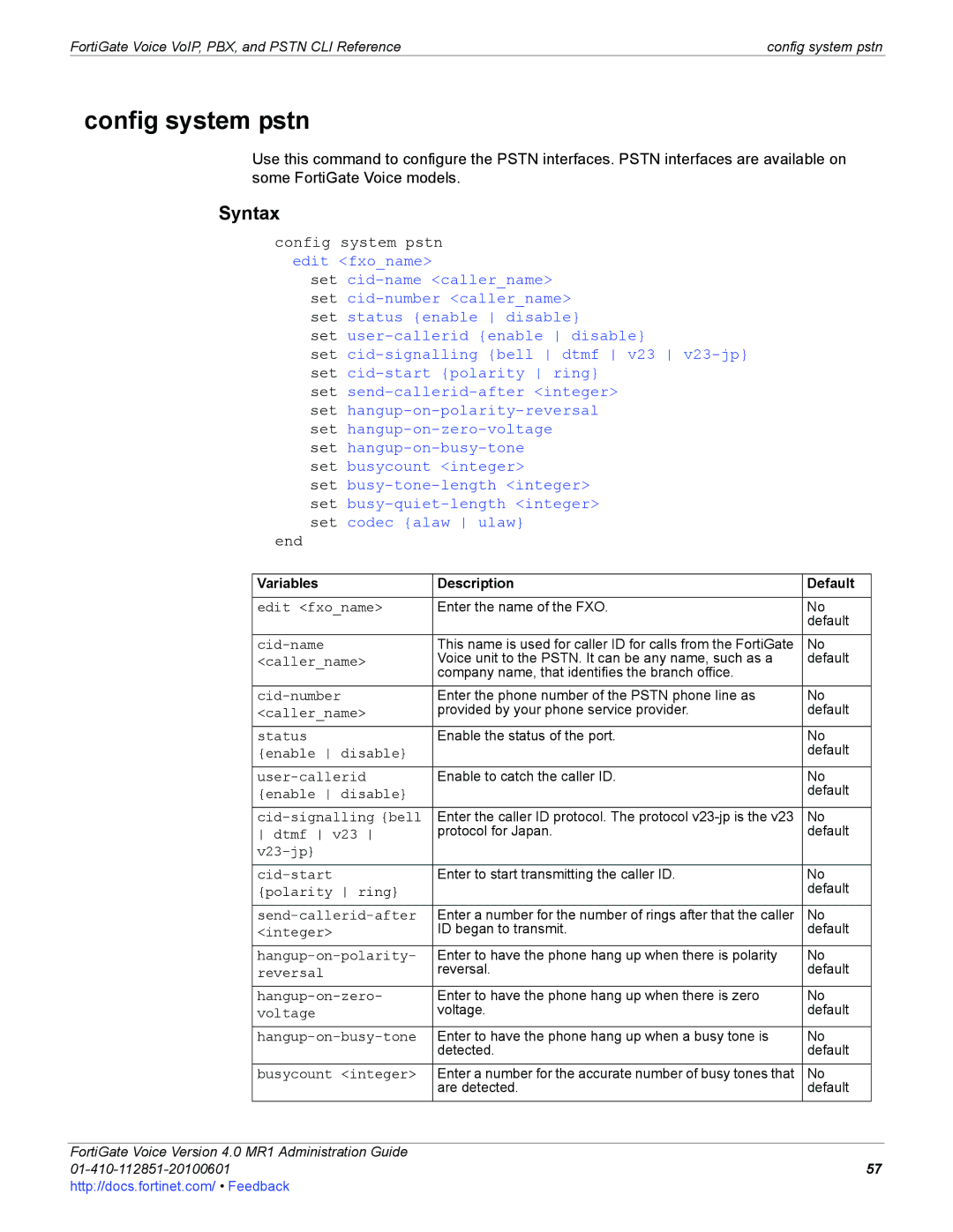 Fortinet 4.0 MR1 manual Config system pstn 