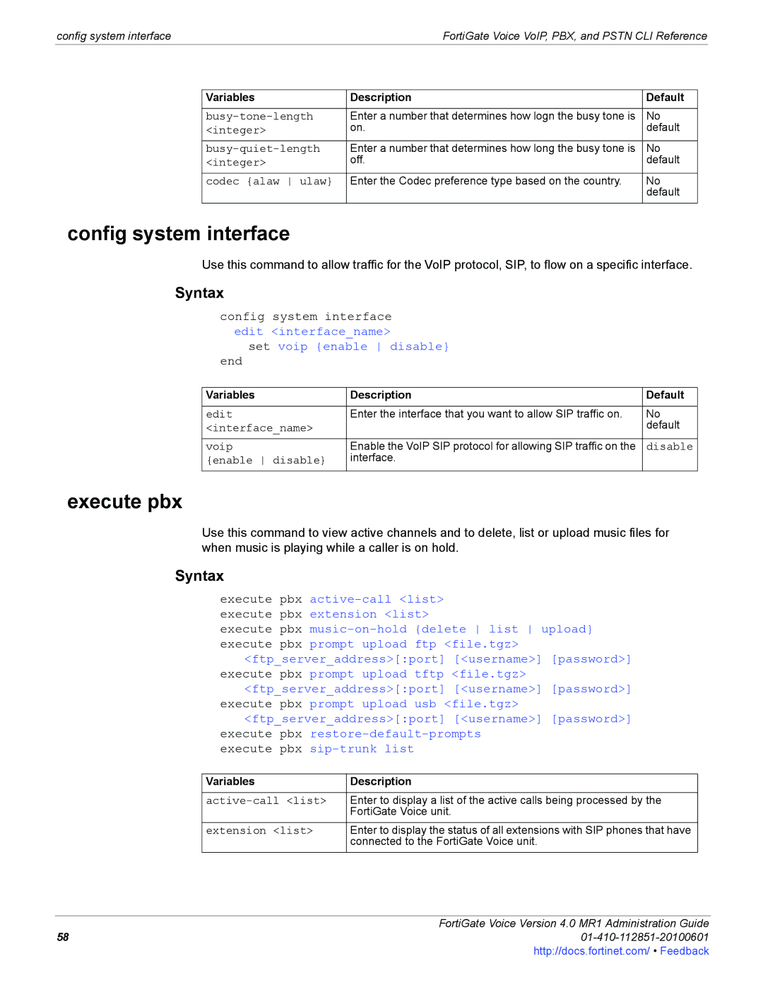 Fortinet 4.0 MR1 manual Config system interface, Execute pbx, Variables Description 