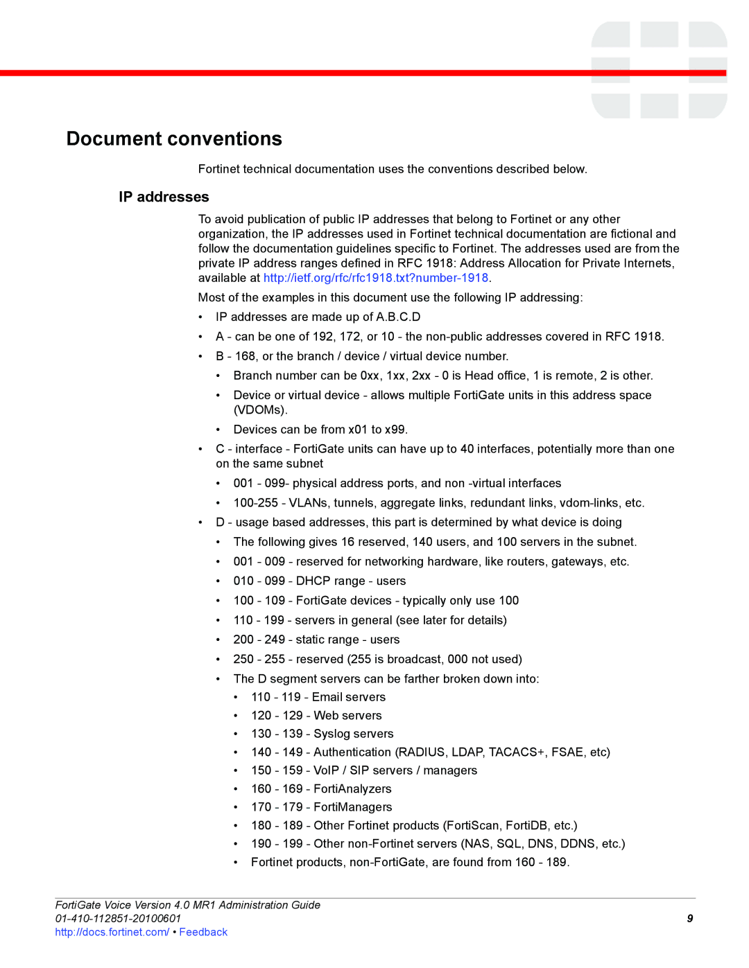 Fortinet 4.0 MR1 manual Document conventions, IP addresses 