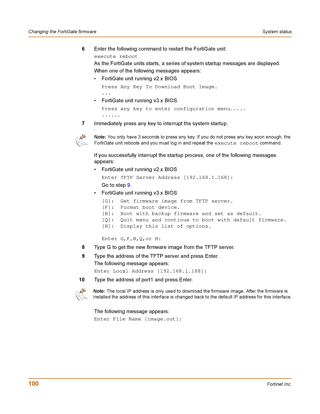 Fortinet 400 manual 100, Execute reboot 