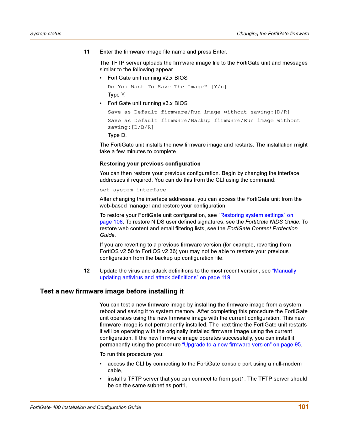 Fortinet 400 manual Test a new firmware image before installing it, 101, Restoring your previous configuration 