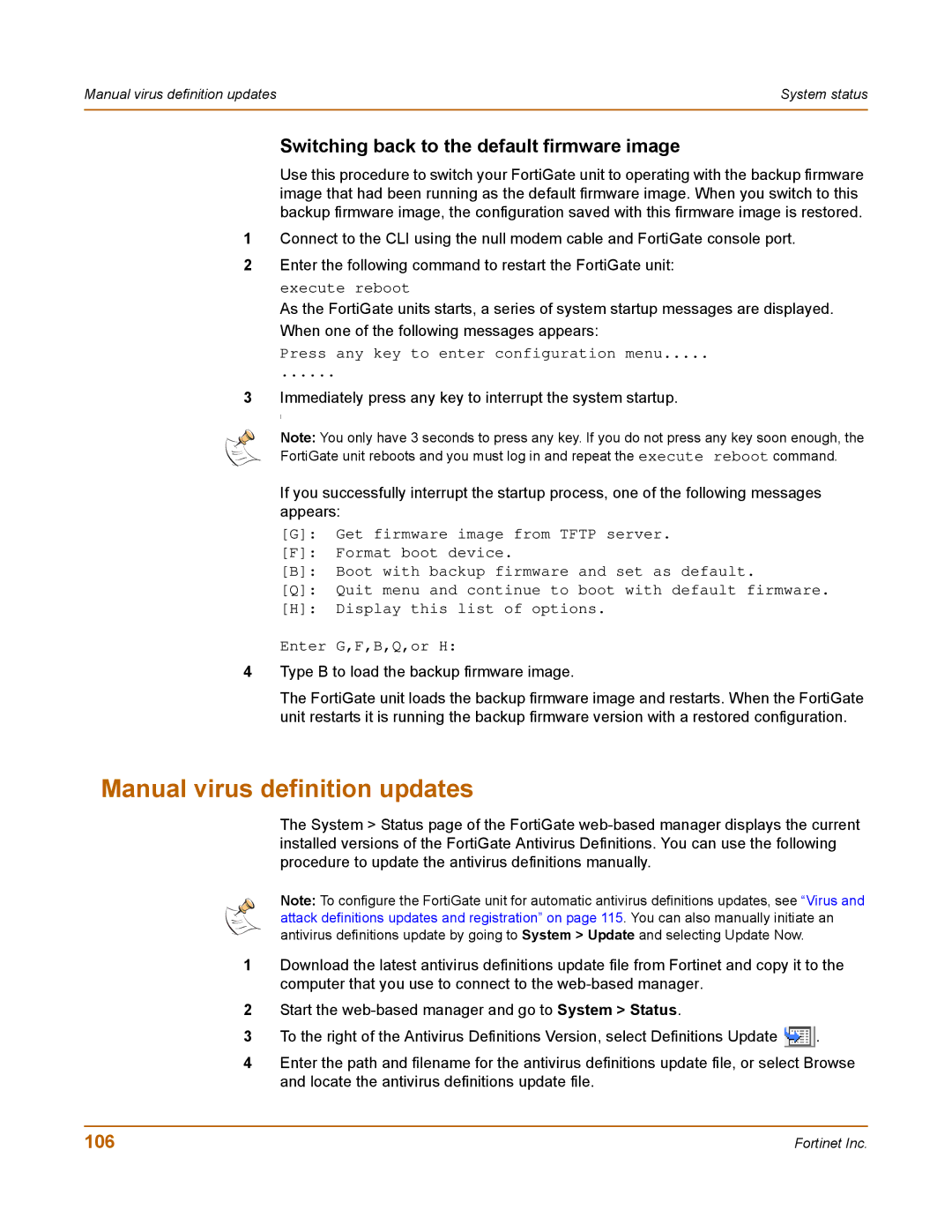 Fortinet 400 manual Manual virus definition updates, Switching back to the default firmware image, 106 