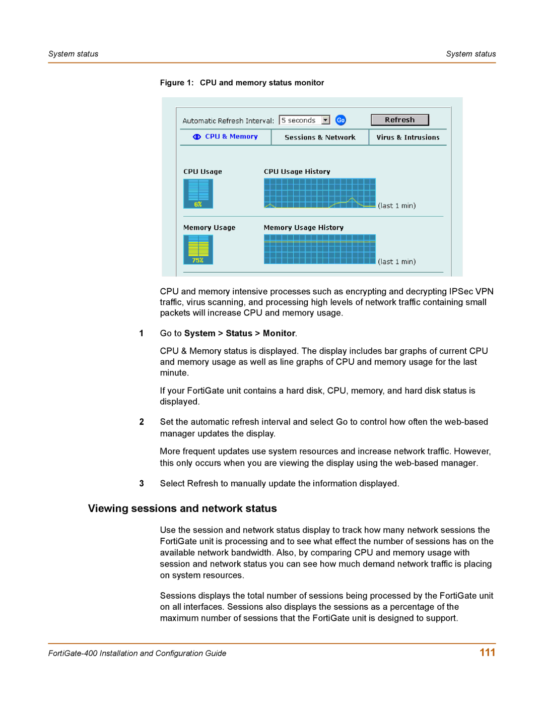 Fortinet 400 manual Viewing sessions and network status, 111 