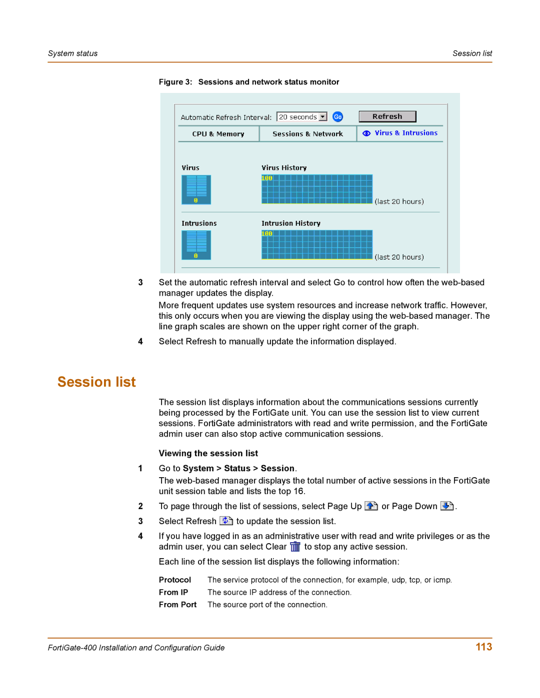 Fortinet 400 manual Session list, 113, Viewing the session list Go to System Status Session 