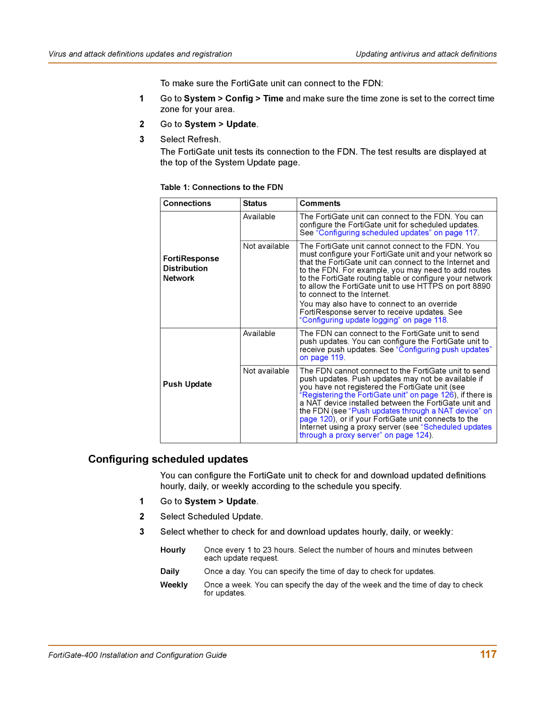 Fortinet 400 manual Configuring scheduled updates, 117, Go to System Update 