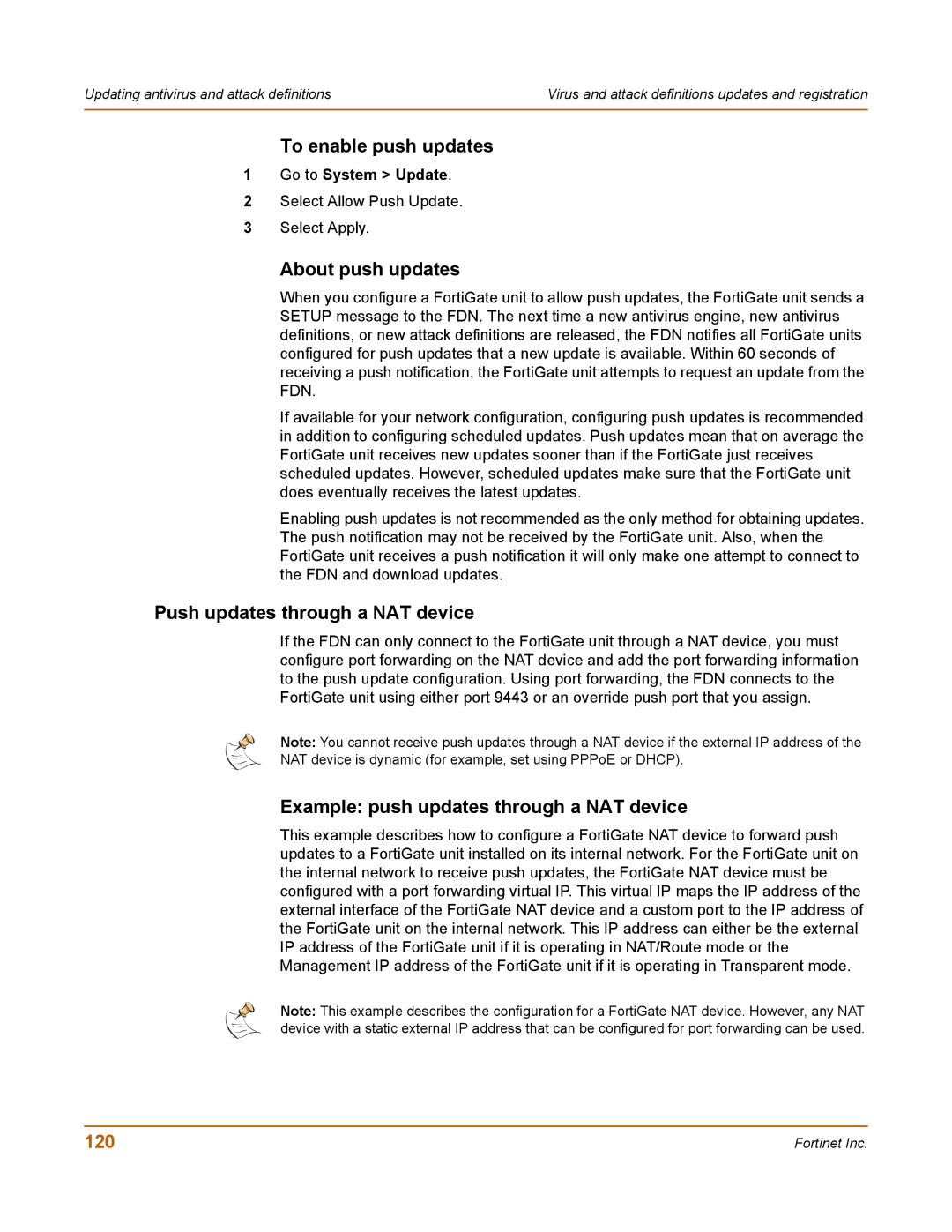 Fortinet 400 manual To enable push updates, About push updates, Push updates through a NAT device, 120 