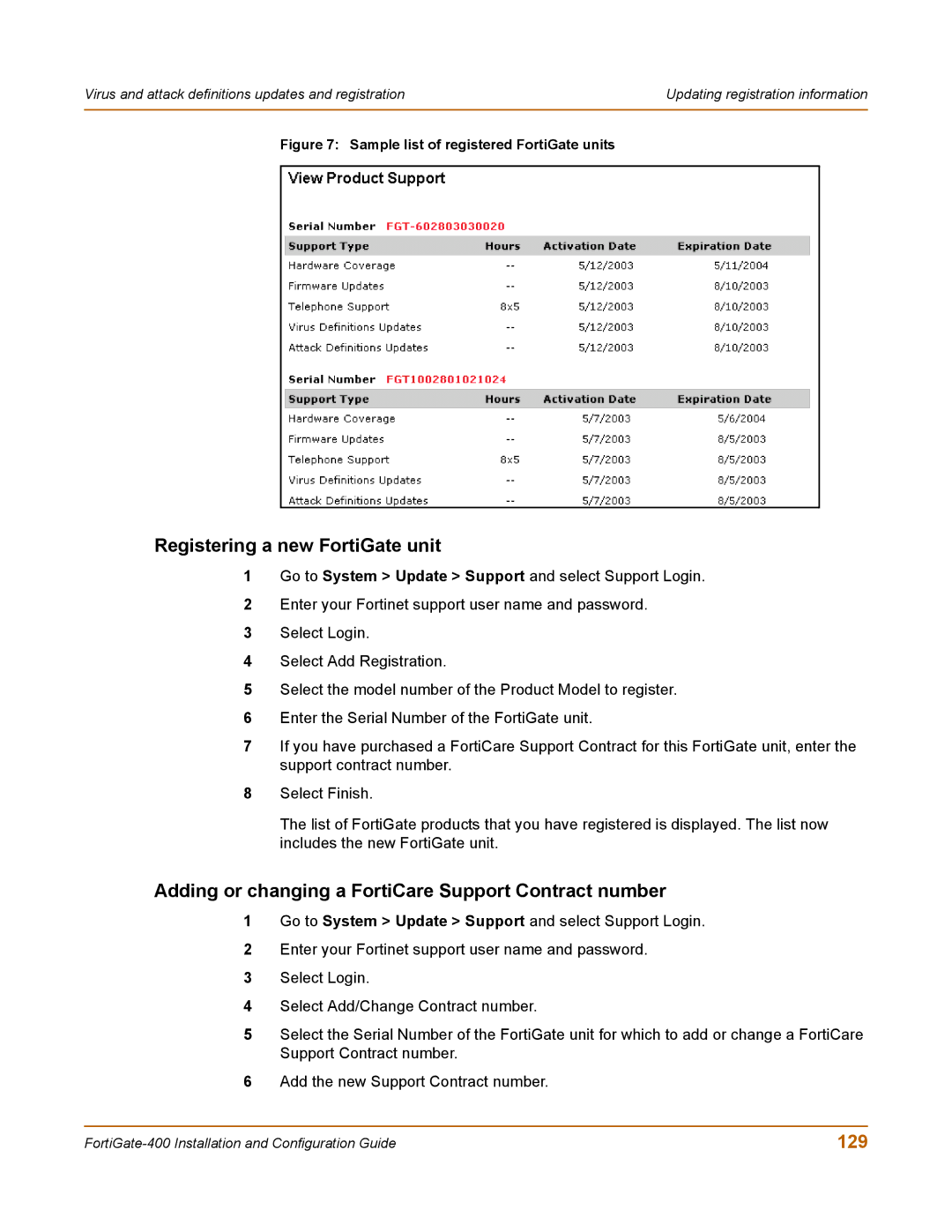 Fortinet 400 manual Registering a new FortiGate unit, Adding or changing a FortiCare Support Contract number, 129 