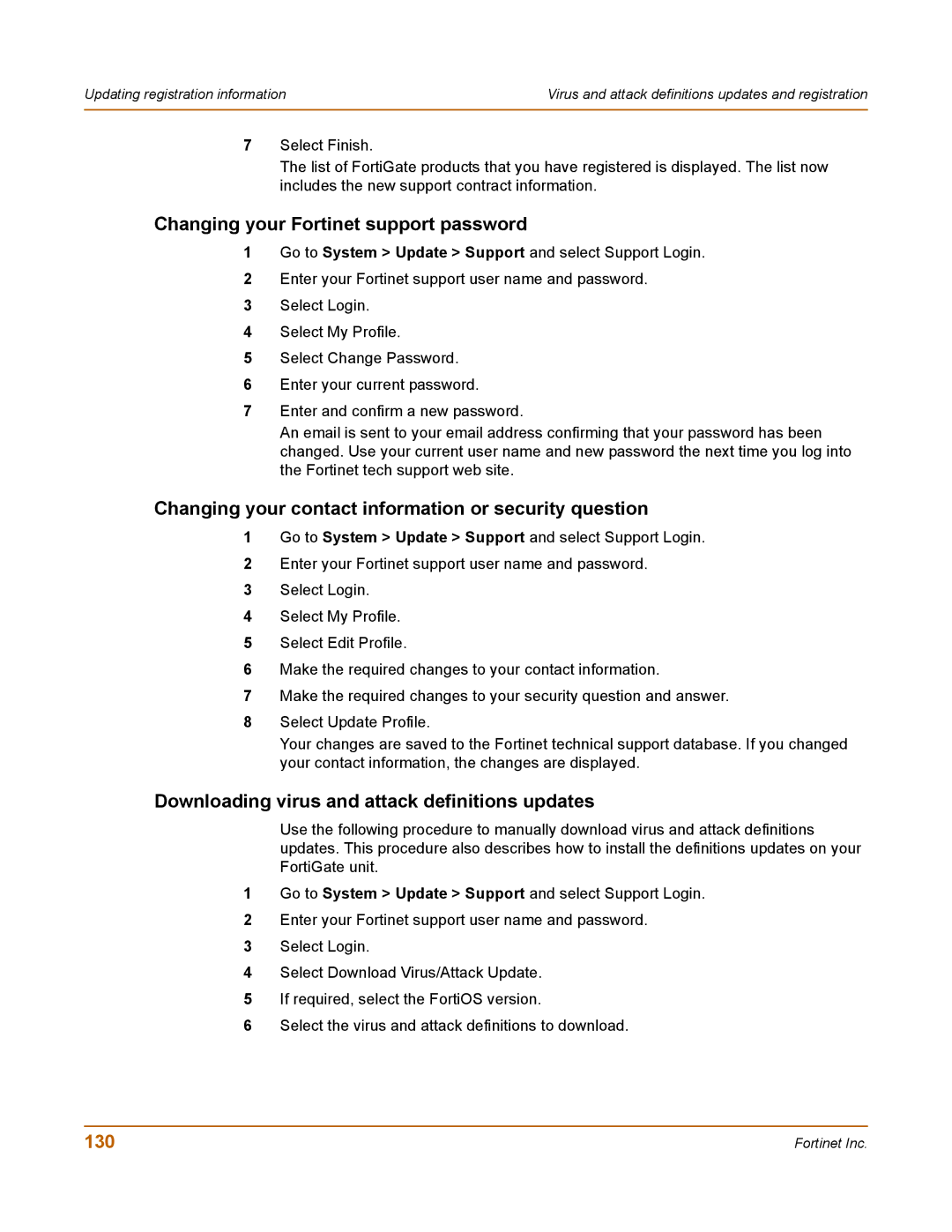 Fortinet 400 manual Changing your Fortinet support password, Changing your contact information or security question, 130 