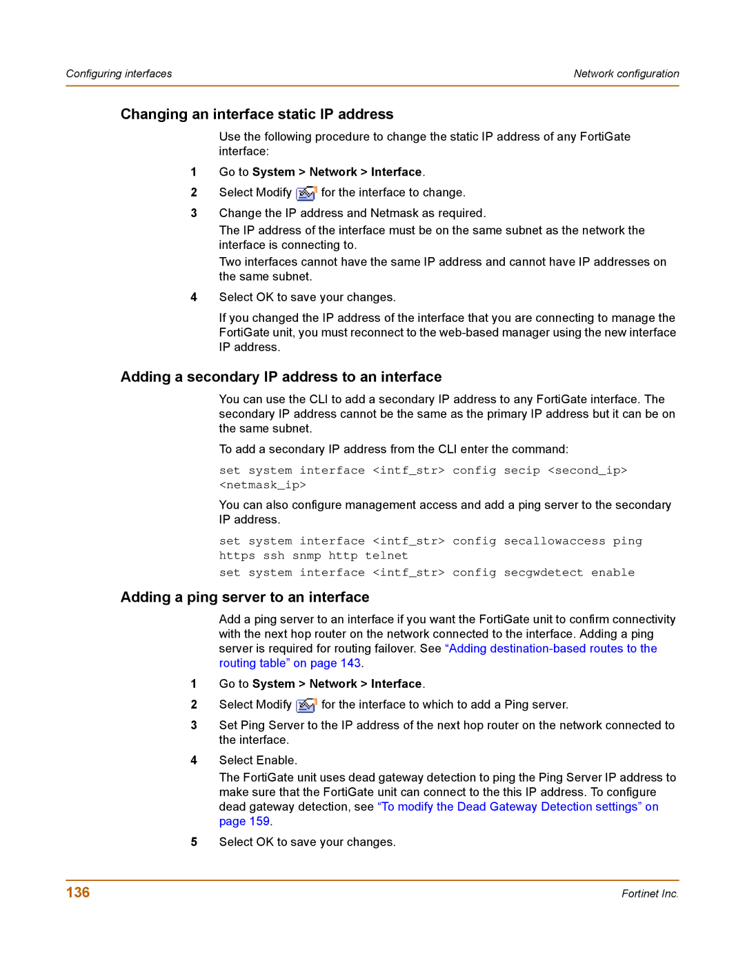 Fortinet 400 manual Changing an interface static IP address, Adding a secondary IP address to an interface, 136 