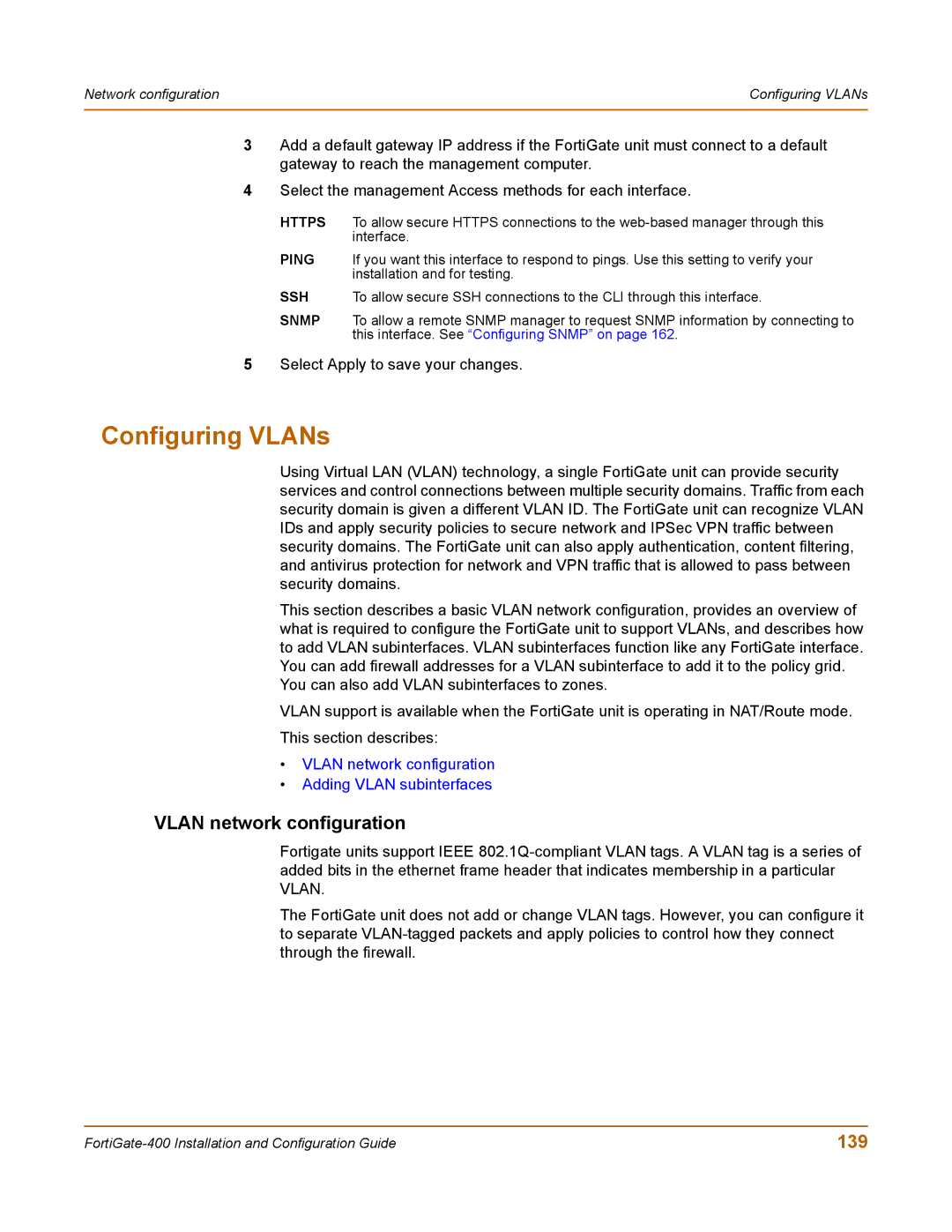 Fortinet 400 manual Configuring VLANs, Vlan network configuration, 139 