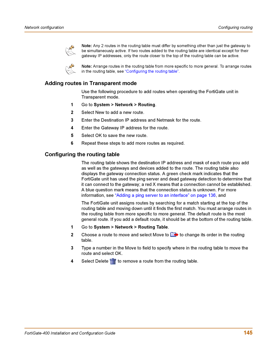 Fortinet 400 manual Adding routes in Transparent mode, Configuring the routing table, 145 