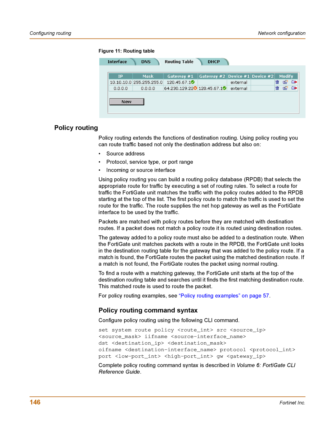 Fortinet 400 manual Policy routing command syntax, 146 