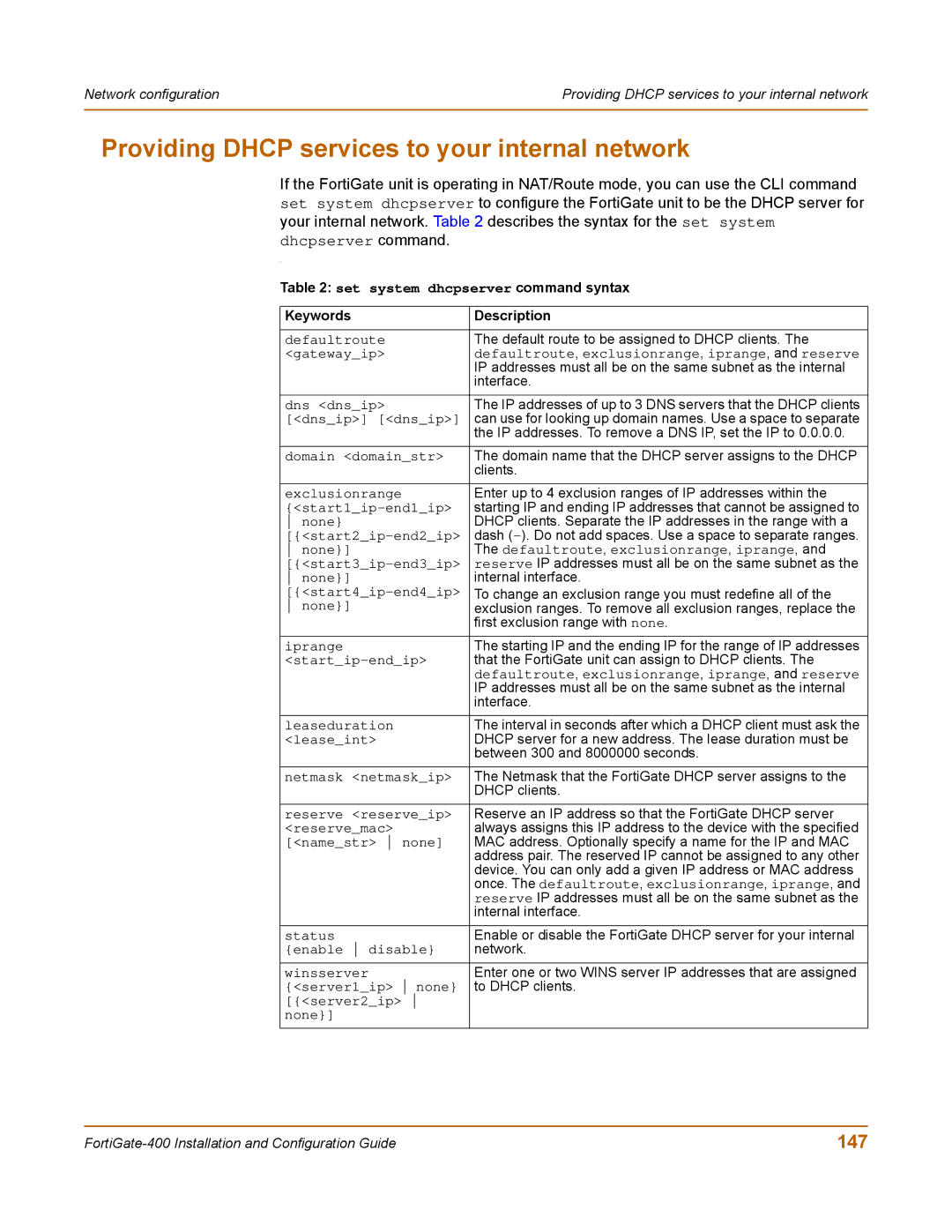 Fortinet 400 manual Providing Dhcp services to your internal network, 147 