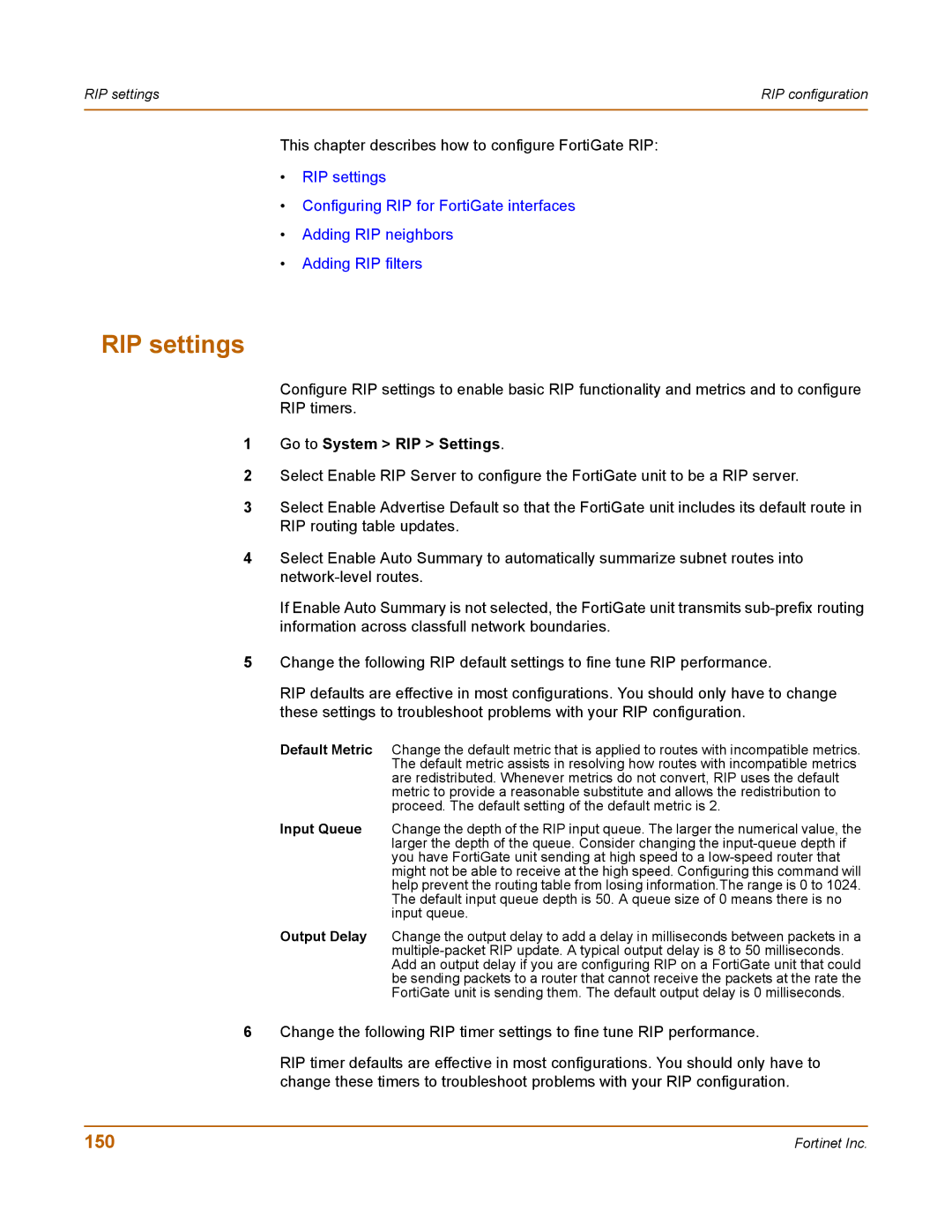 Fortinet 400 manual RIP settings, 150, Go to System RIP Settings 