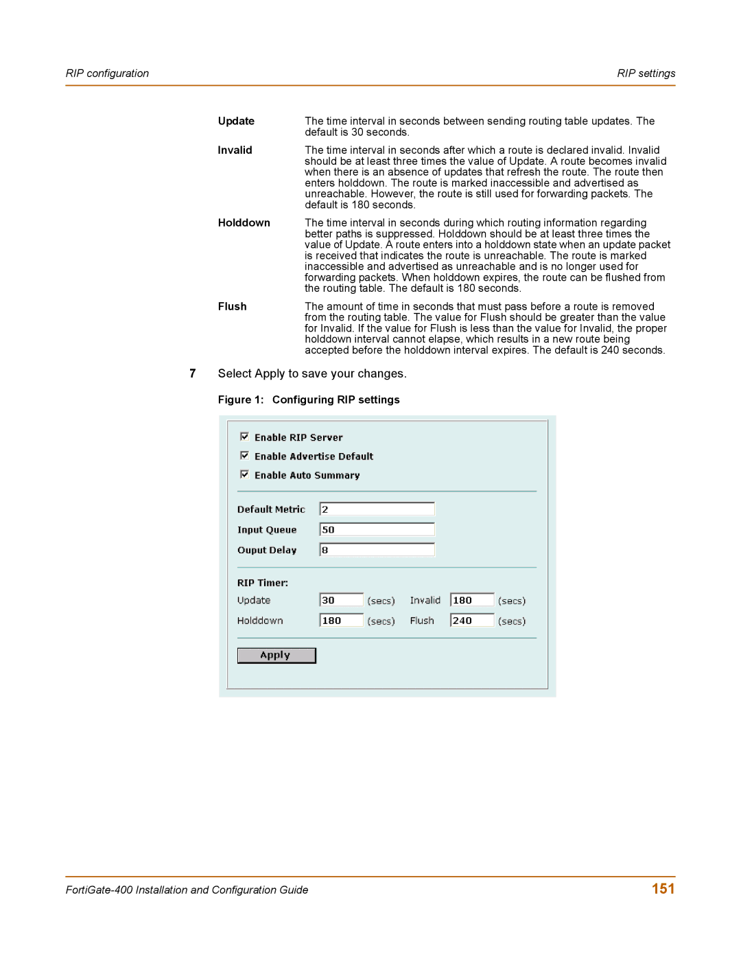 Fortinet 400 manual 151, Configuring RIP settings 