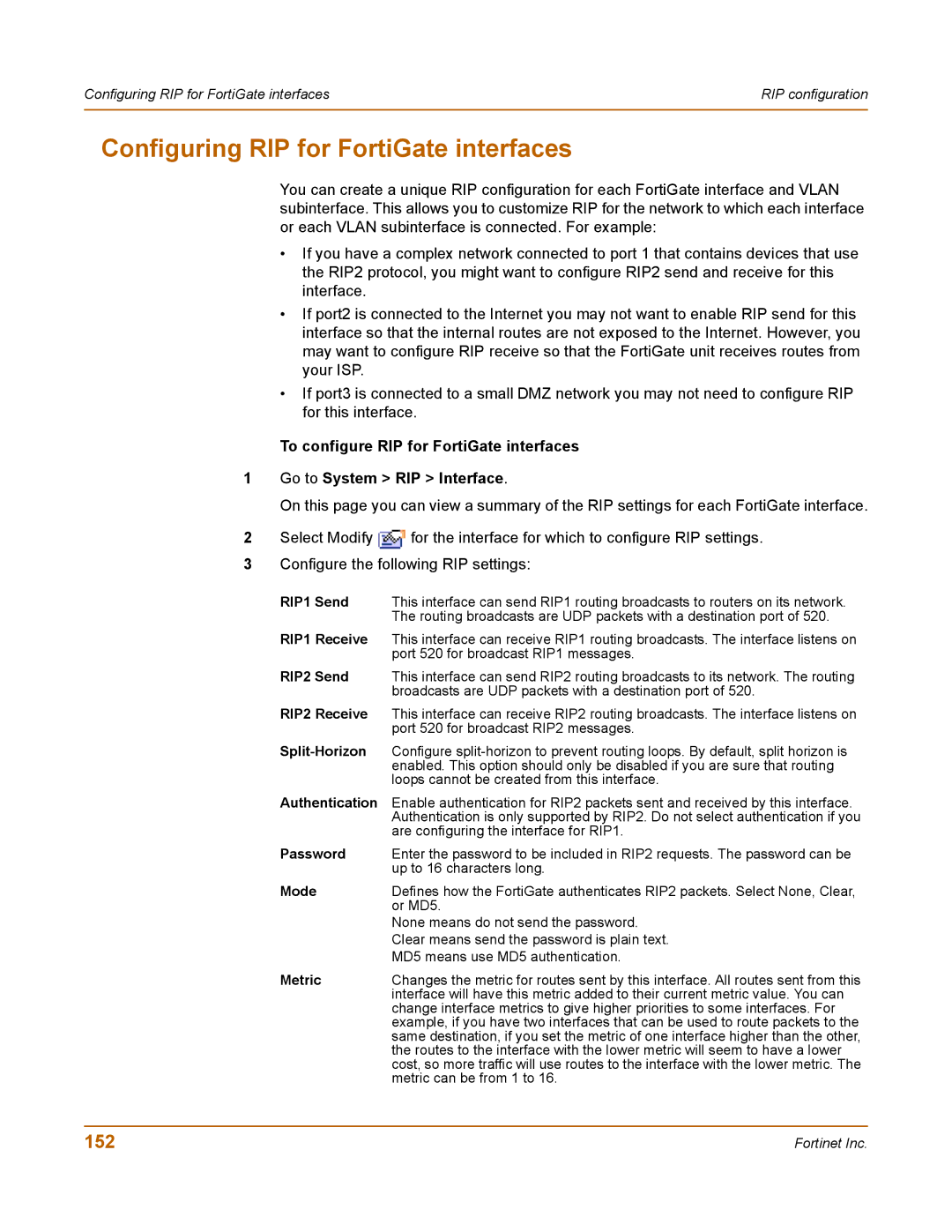 Fortinet 400 manual Configuring RIP for FortiGate interfaces, 152, Password, Mode, Metric 