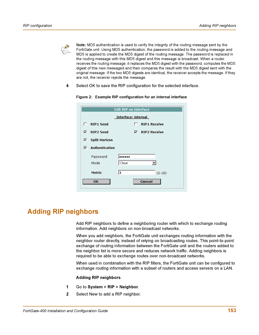 Fortinet 400 manual 153, Adding RIP neighbors Go to System RIP Neighbor 