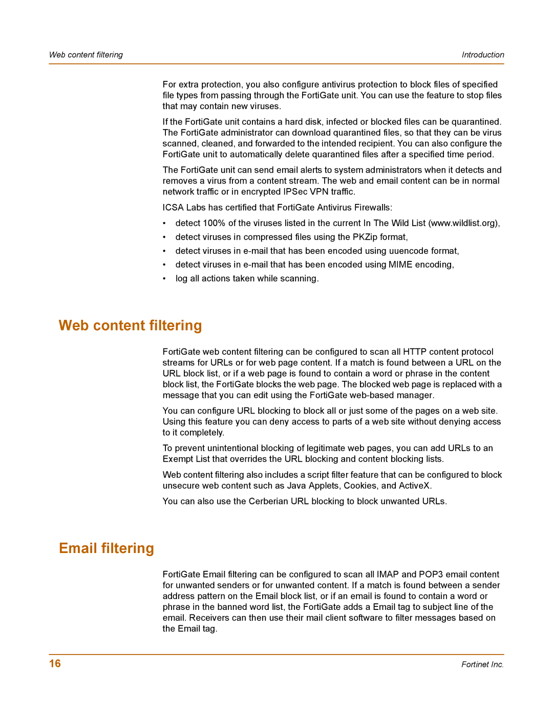 Fortinet 400 manual Web content filtering, Email filtering 