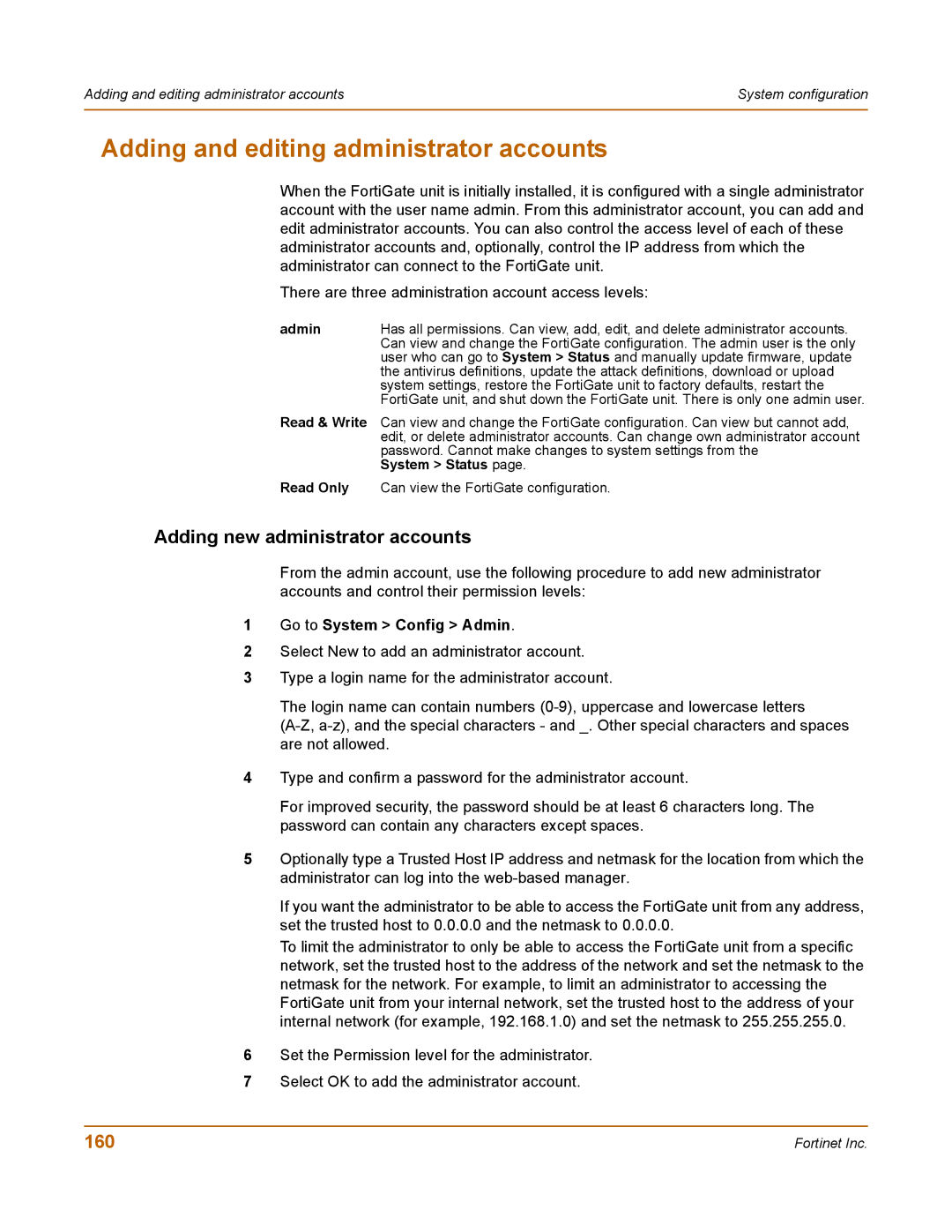 Fortinet 400 Adding and editing administrator accounts, Adding new administrator accounts, 160, Go to System Config Admin 