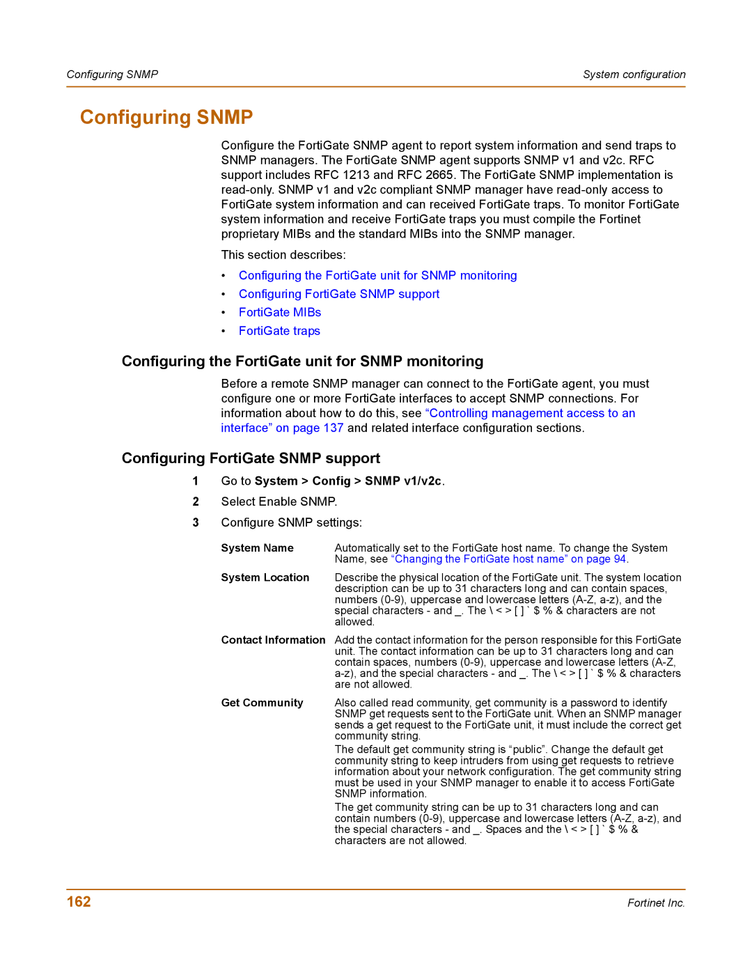 Fortinet 400 Configuring Snmp, Configuring the FortiGate unit for Snmp monitoring, Configuring FortiGate Snmp support, 162 