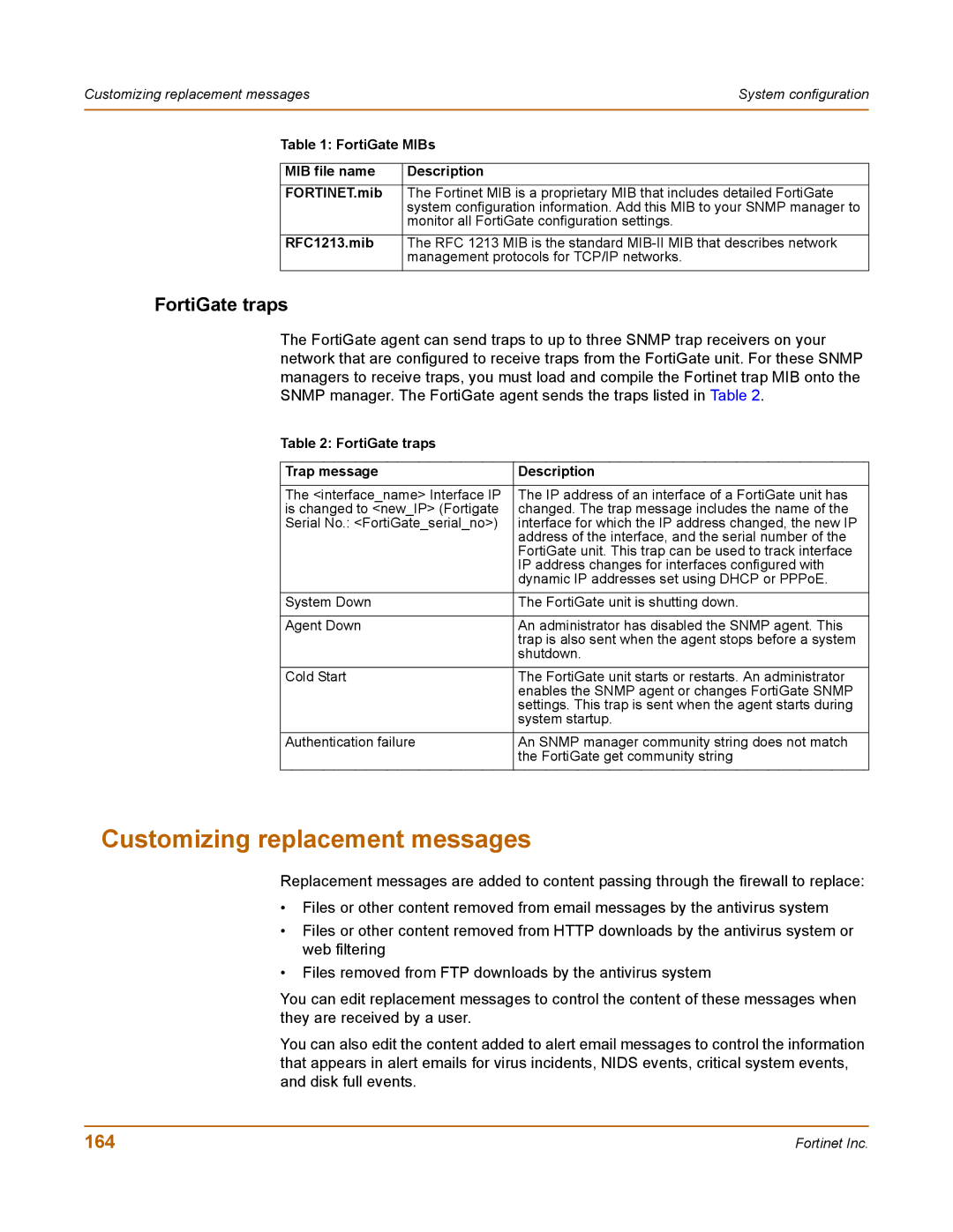 Fortinet 400 manual Customizing replacement messages, 164, FortiGate traps Trap message Description 