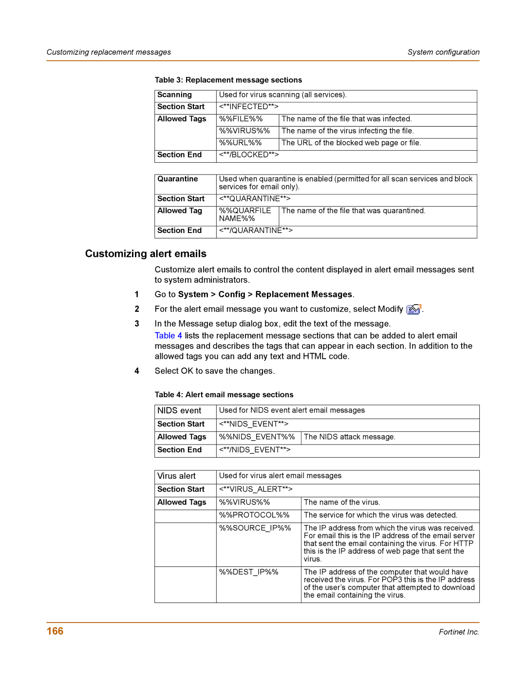 Fortinet 400 manual Customizing alert emails, 166, Alert email message sections 