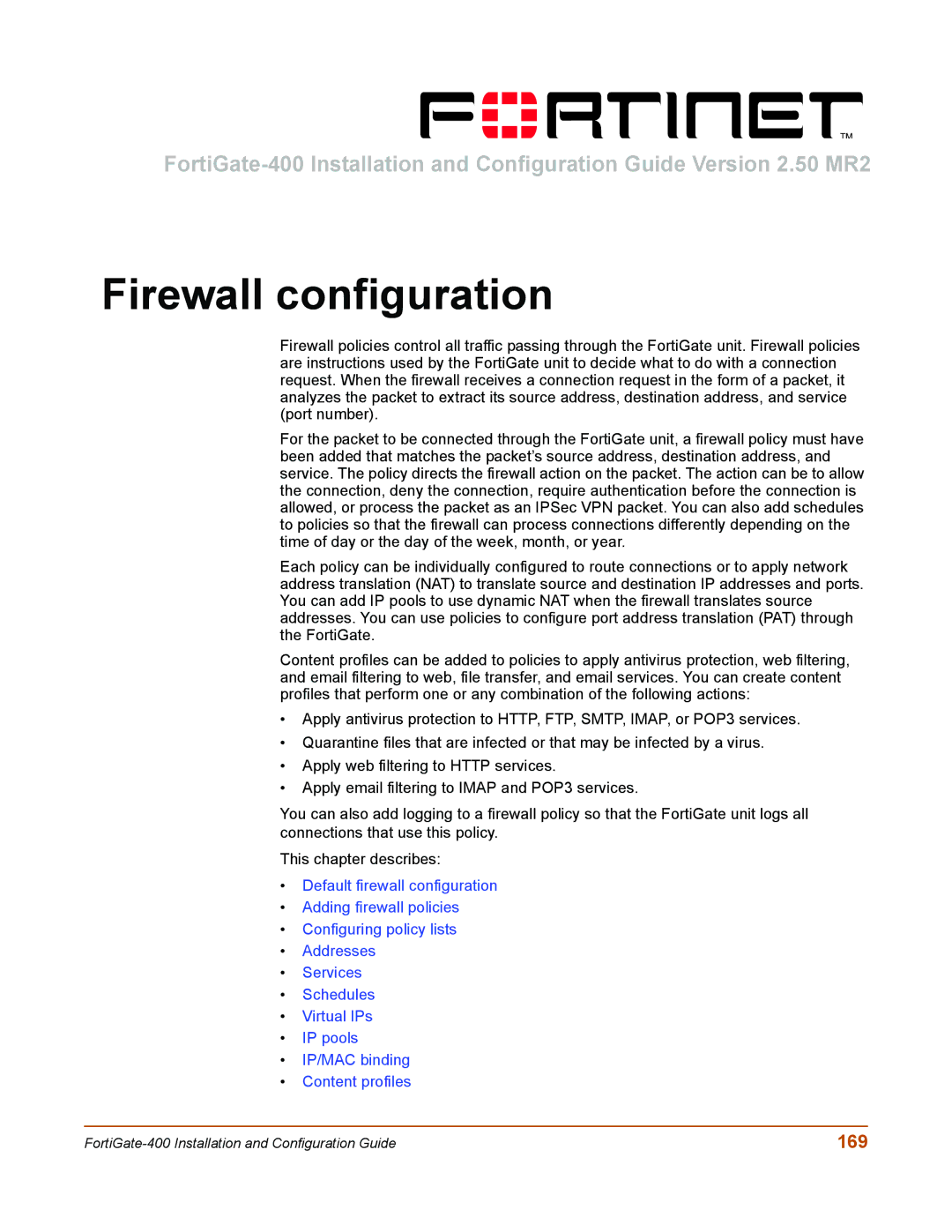 Fortinet 400 manual Firewall configuration, 169 