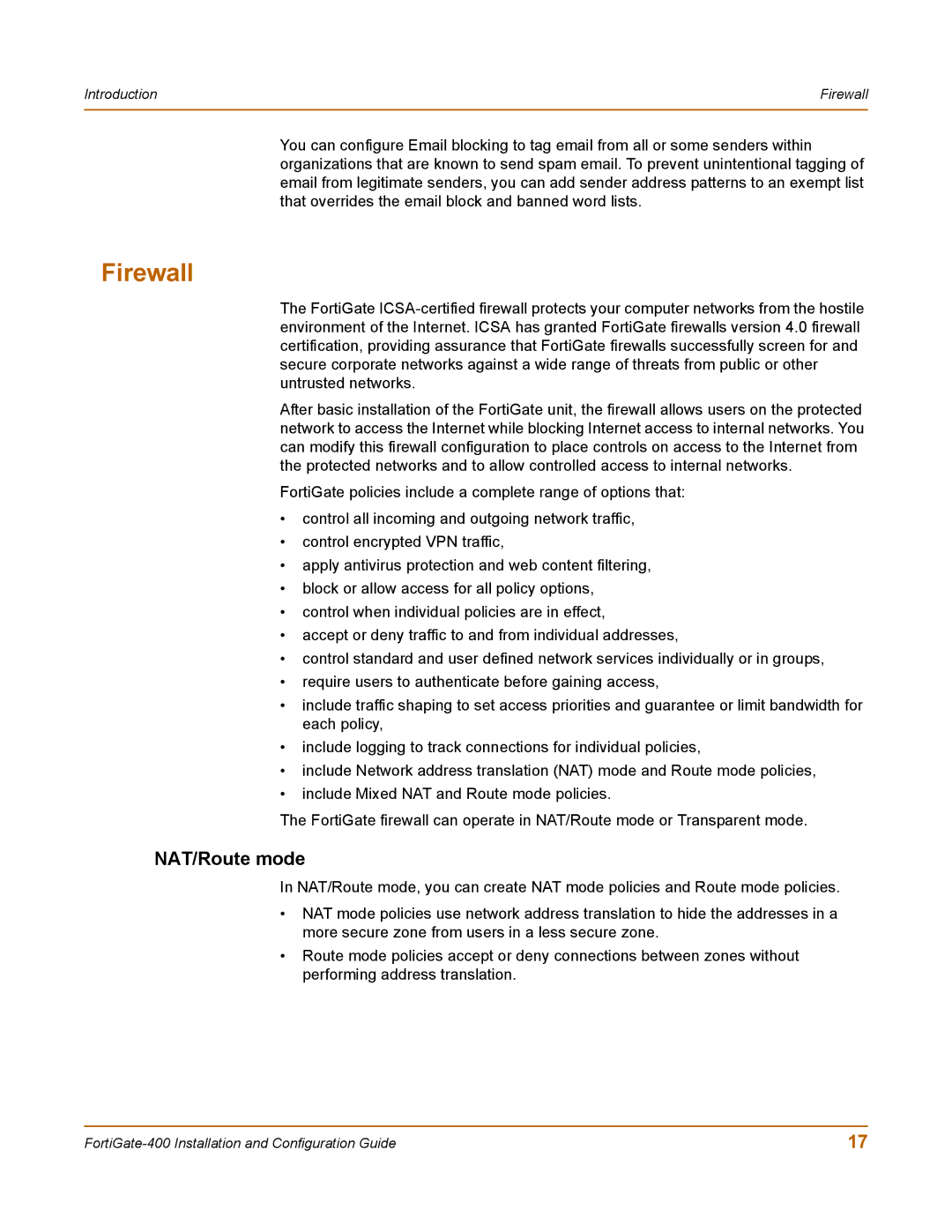 Fortinet 400 manual Firewall, NAT/Route mode 