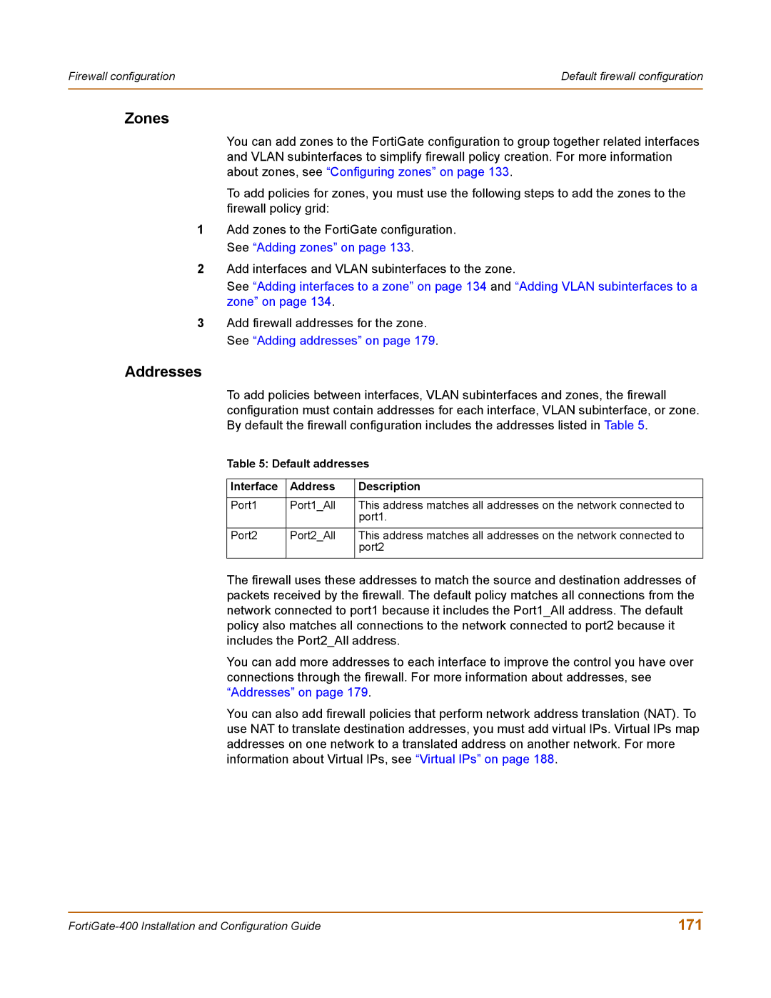 Fortinet 400 manual Zones, Addresses, 171, Default addresses Interface Address Description 