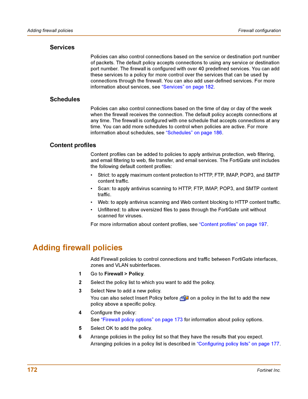 Fortinet 400 manual Adding firewall policies, Services, Schedules, Content profiles, 172 