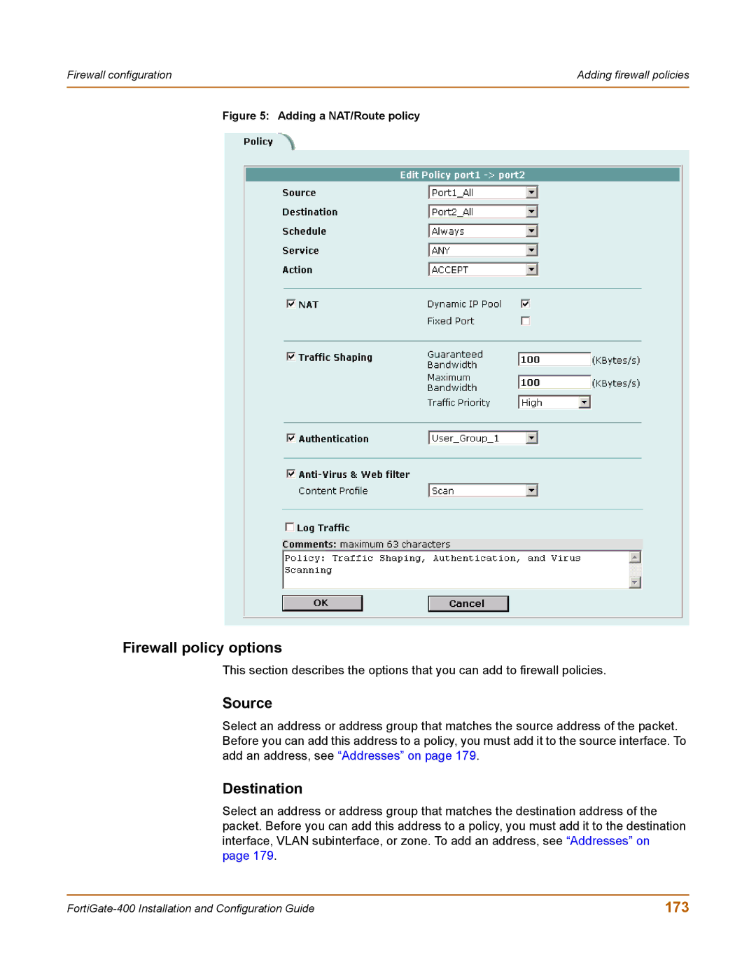 Fortinet 400 manual Firewall policy options, Source, Destination, 173 