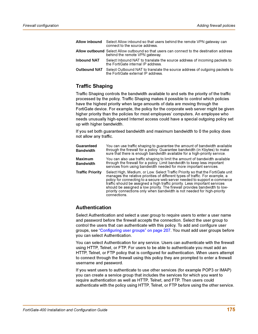 Fortinet 400 manual Traffic Shaping, Authentication, 175 