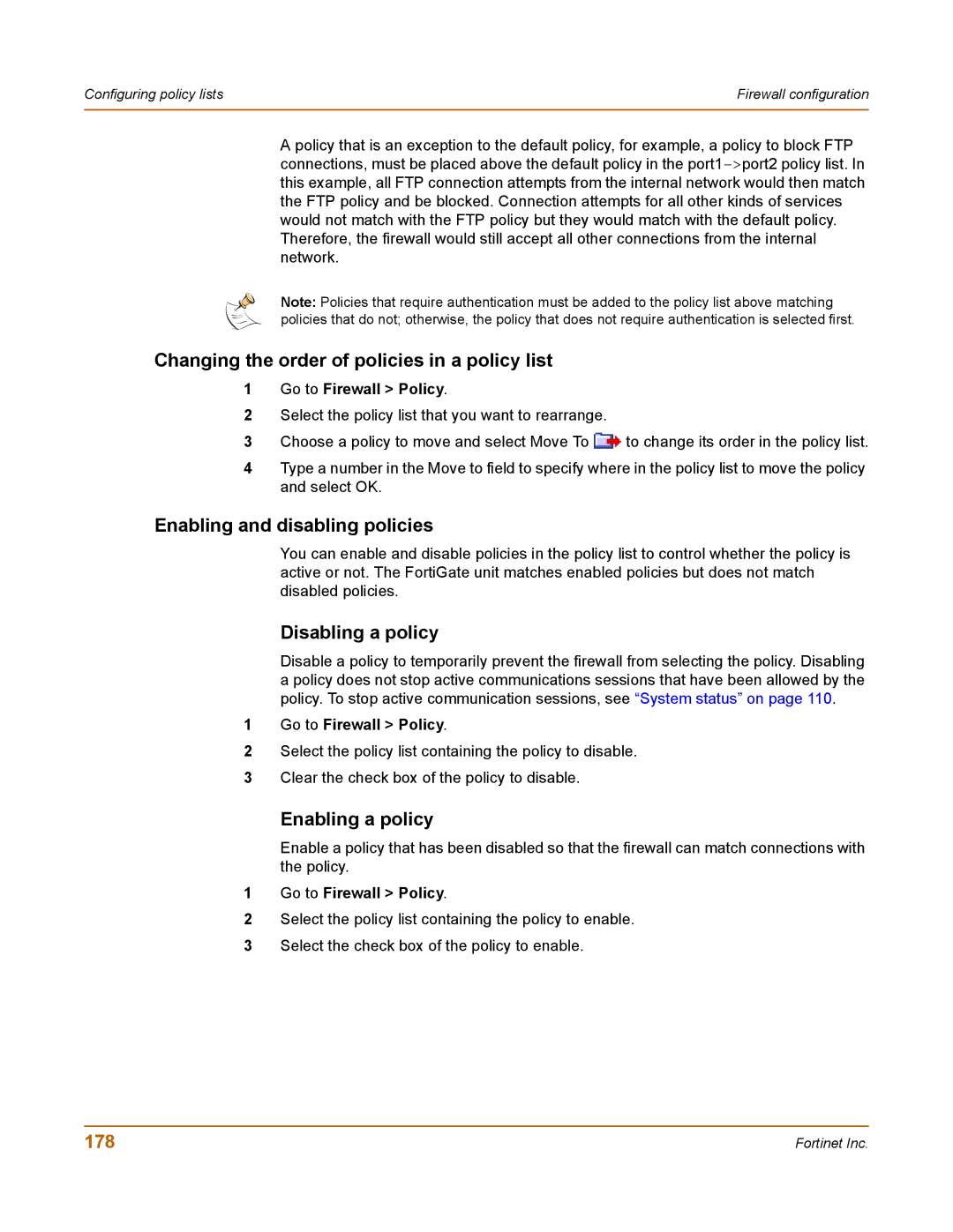 Fortinet 400 Changing the order of policies in a policy list, Enabling and disabling policies, Disabling a policy, 178 