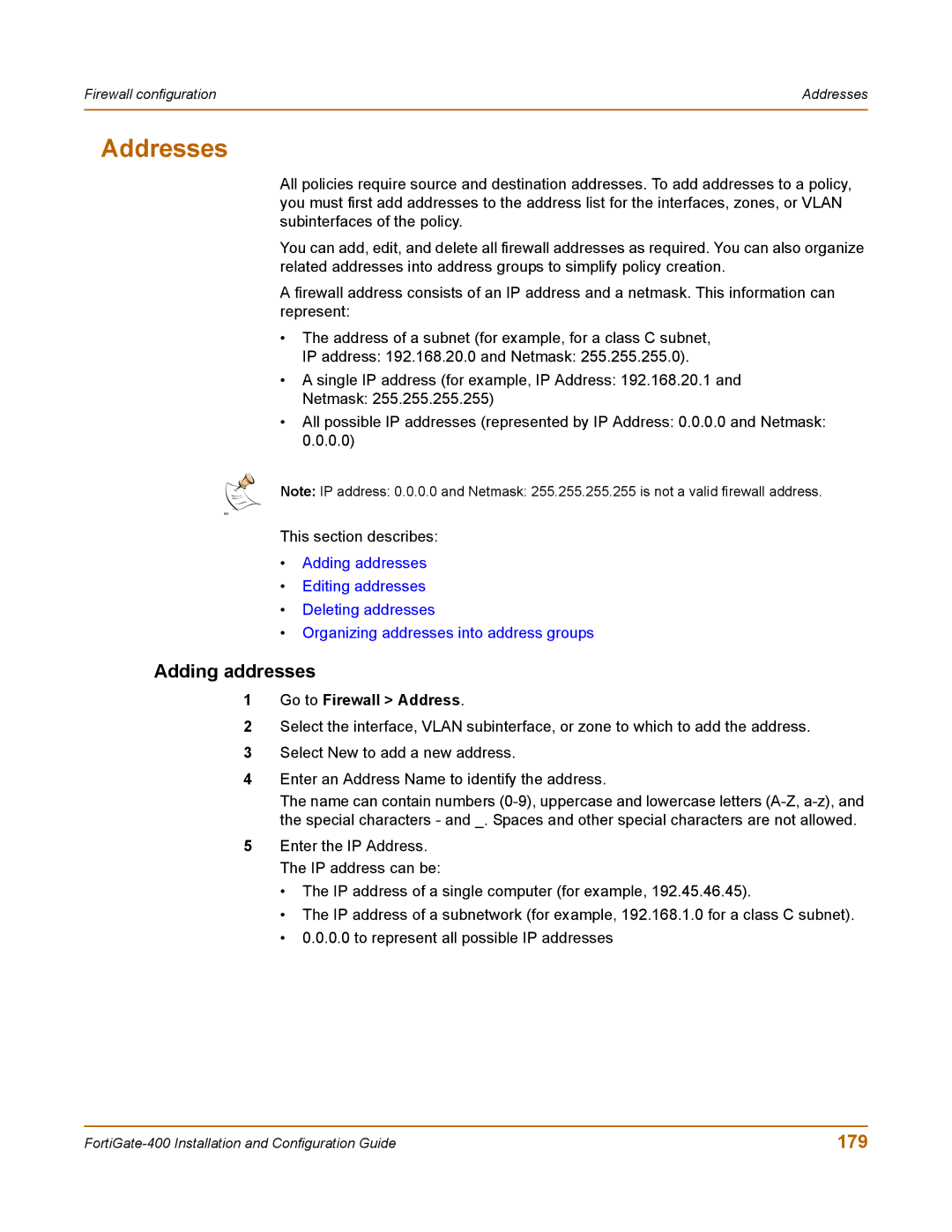 Fortinet 400 manual Addresses, Adding addresses, 179, Go to Firewall Address 