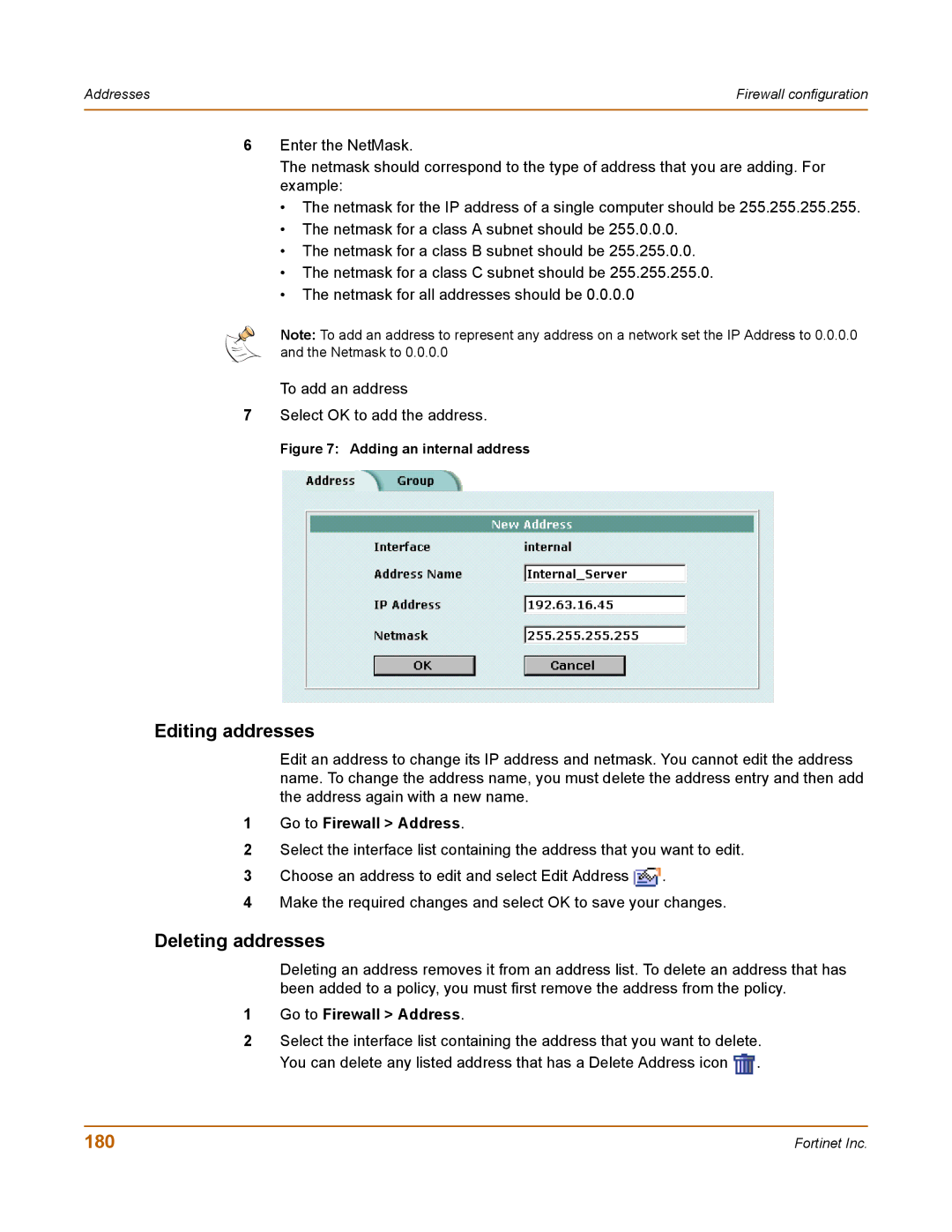 Fortinet 400 manual Editing addresses, Deleting addresses, 180 