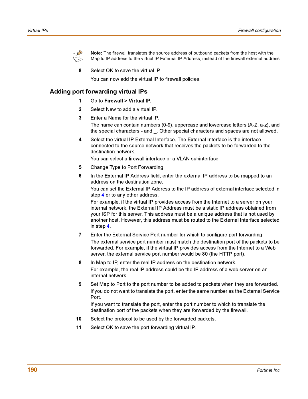 Fortinet 400 manual Adding port forwarding virtual IPs, 190 