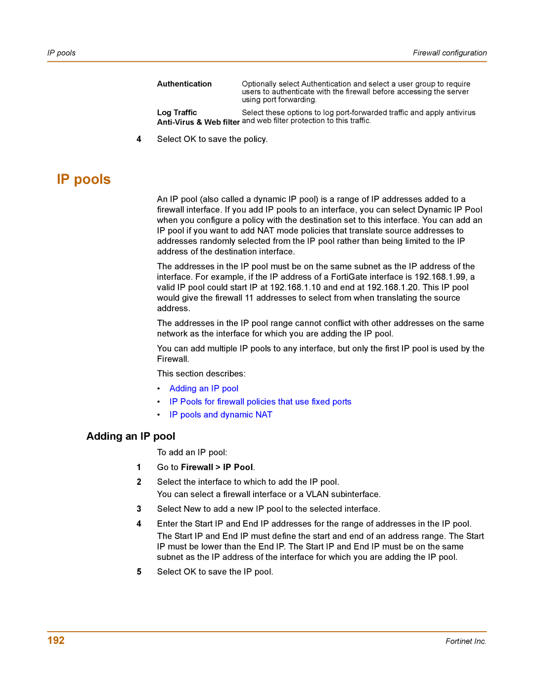 Fortinet 400 manual IP pools, Adding an IP pool, 192, Go to Firewall IP Pool 