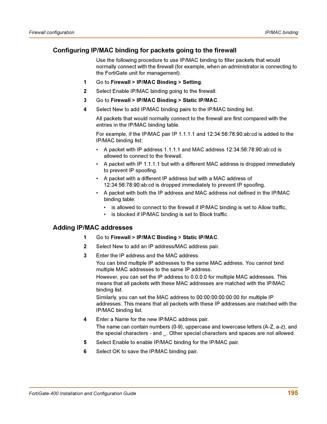 Fortinet 400 manual Adding IP/MAC addresses, 195 